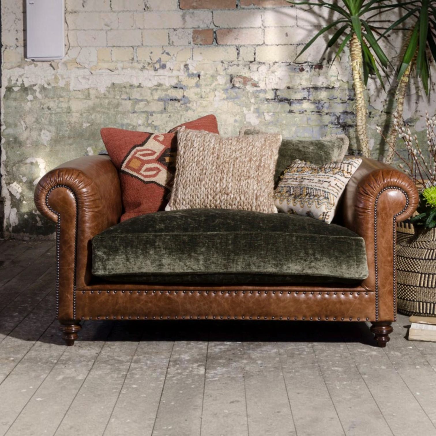 Tetrad Constable Snuggler Sofa in Galveston Bark leather and Coco Velvet Olive