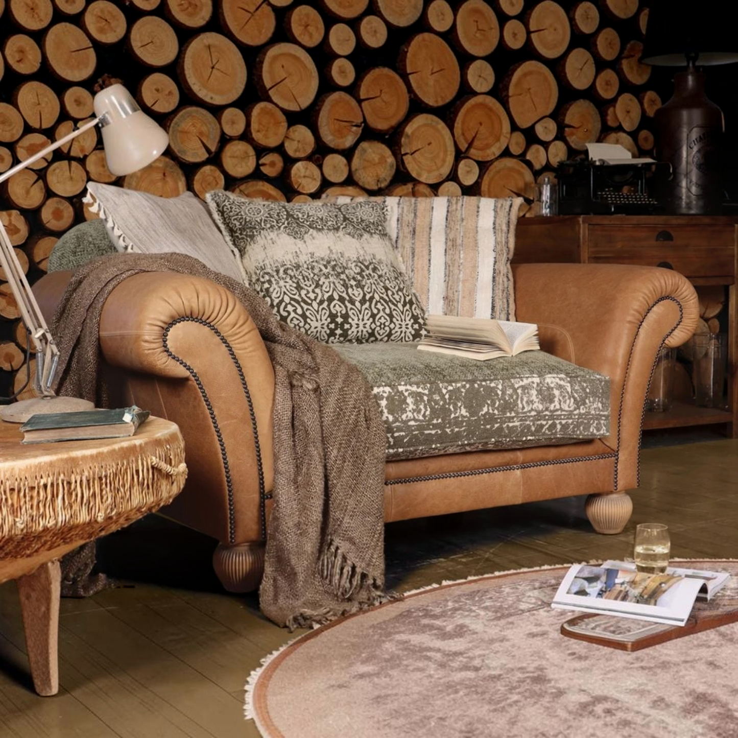 Tetrad Montana Snuggler in Bagru Khaki fabric and Atacama Nutmeg leather