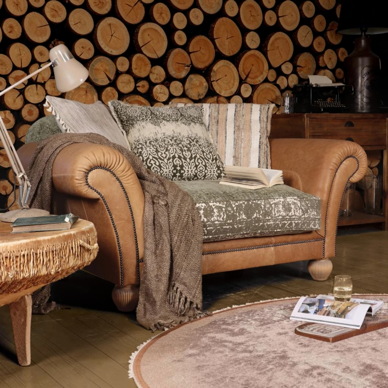 Tetrad Montana Snuggler in Bagru Khaki fabric and Atacama Nutmeg leather