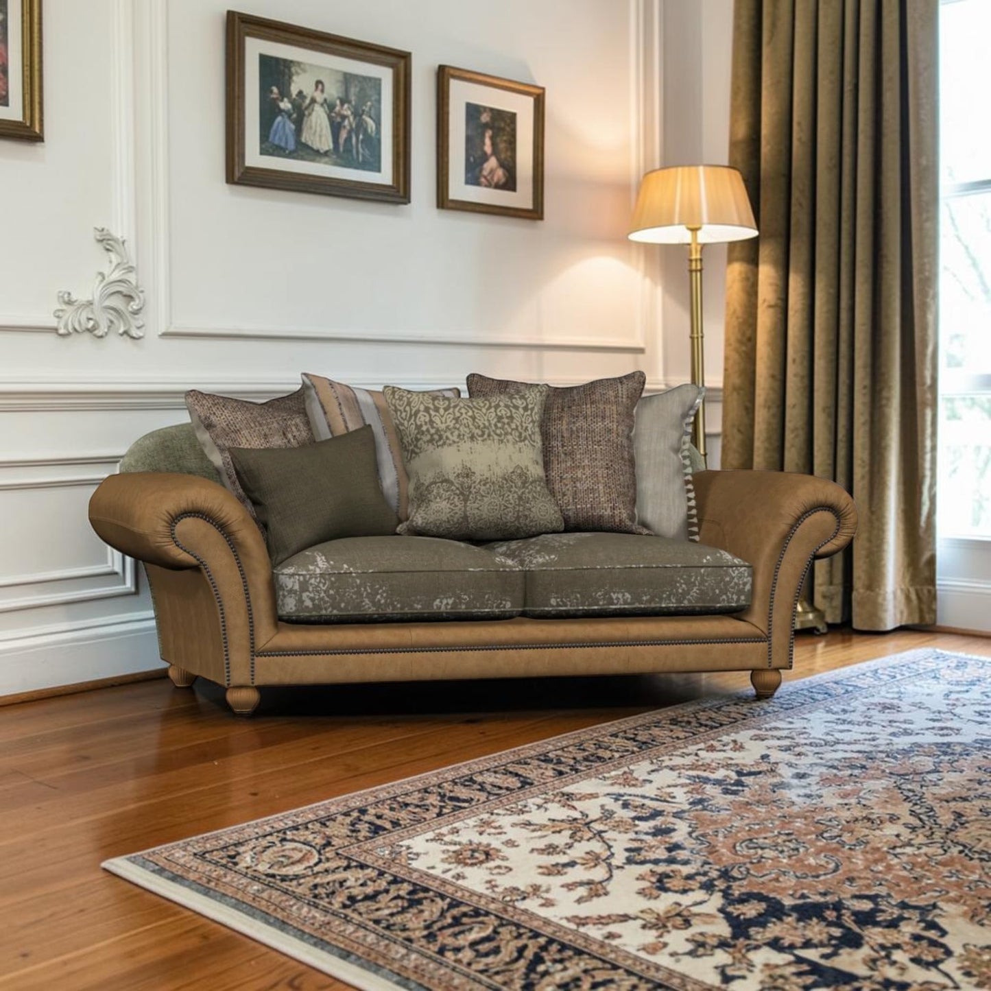 Tetrad Montana Petit Sofa in Bagru Khaki fabric and Atacama Nutmeg leather