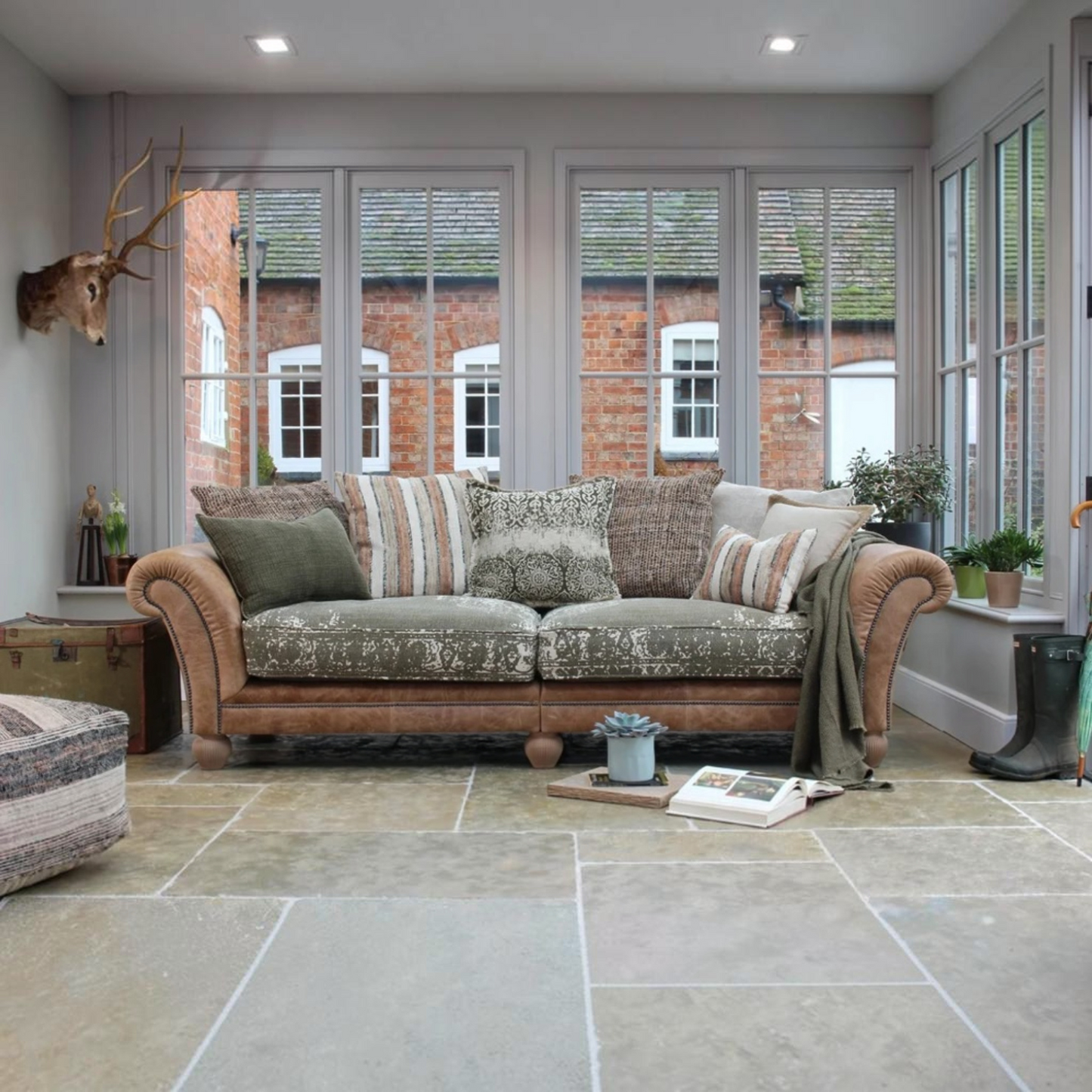 Tetrad Montana Grand Sofa in Bagru Khaki fabric and Atacama Nutmeg leather