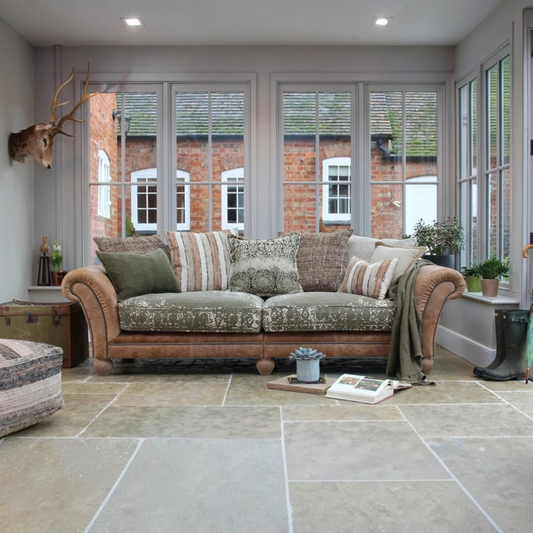 Tetrad Montana Grand Sofa in Bagru Khaki fabric and Atacama Nutmeg leather