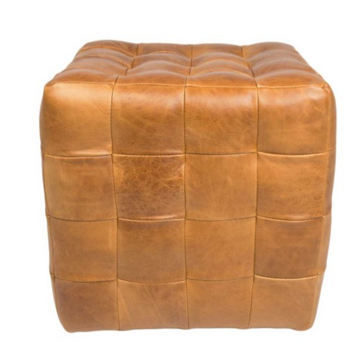 A square tufted leather pouf ottoman in a warm tan brown color, shown against a plain white background.