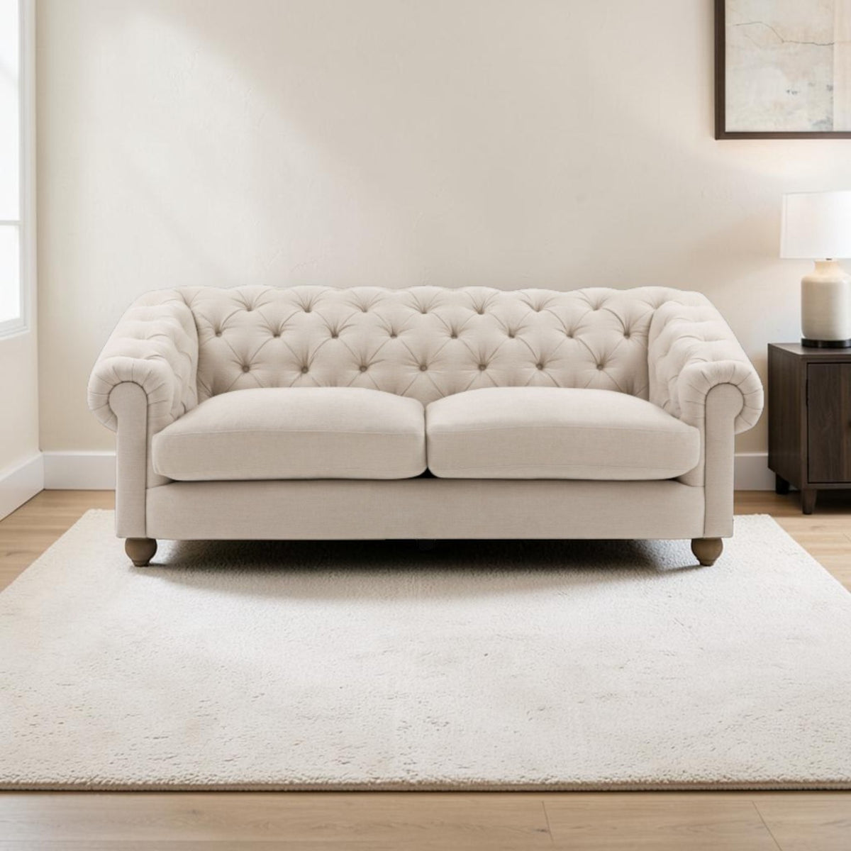 Richmond 3 seater sofa in Willow Dusty fabric with deep-buttoned back, scrolled arms and solid ash legs