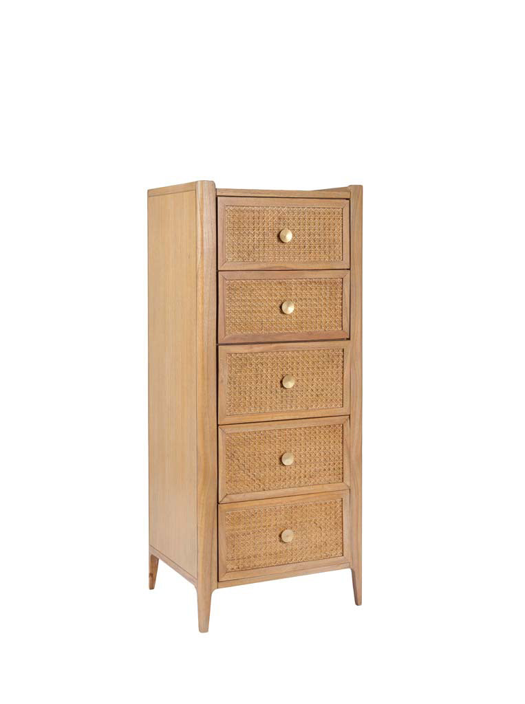 Natural Mindi Wood Rattan 5 Drawer Tall Chest