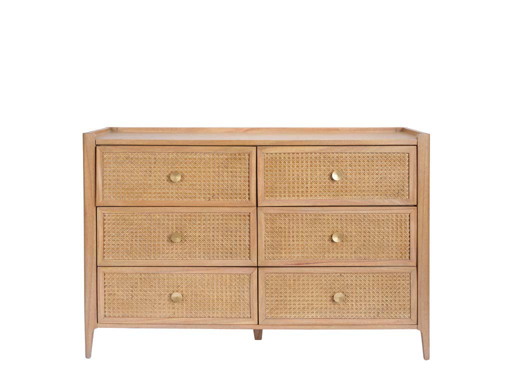 Natural Mindi Wood Rattan 6 Drawer Wide Chest