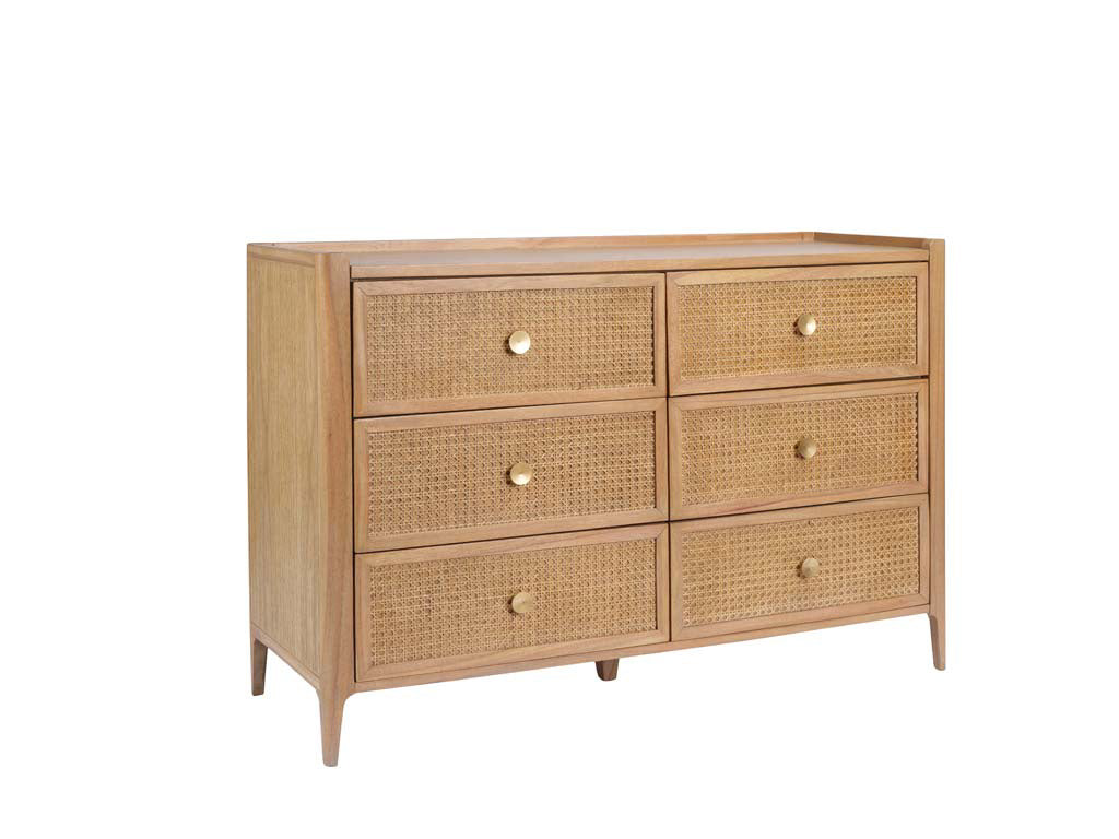 Natural Mindi Wood Rattan 6 Drawer Wide Chest