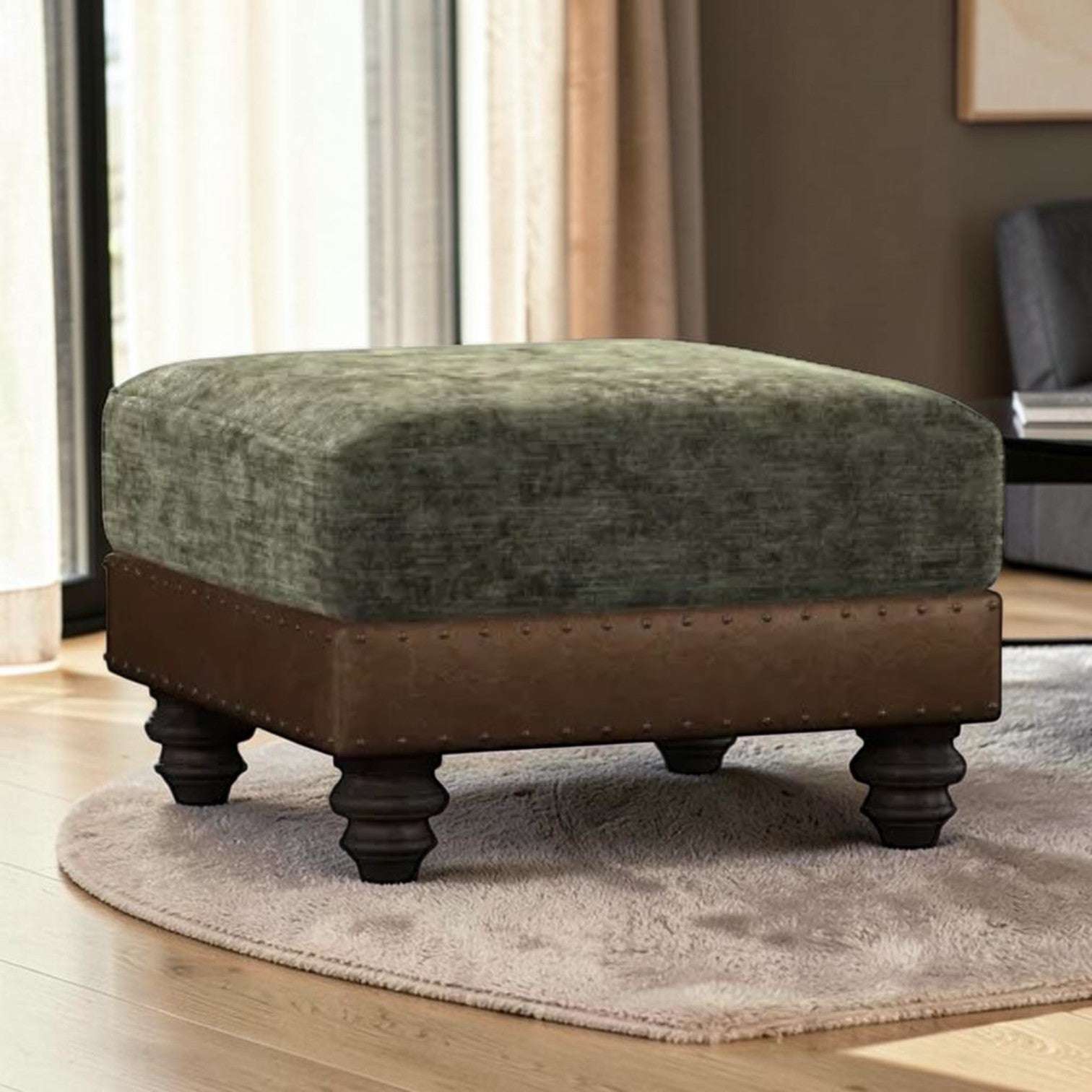 Tetrad Constable Small Square Footstool in Coco Velvet Olive and Galveston Bark