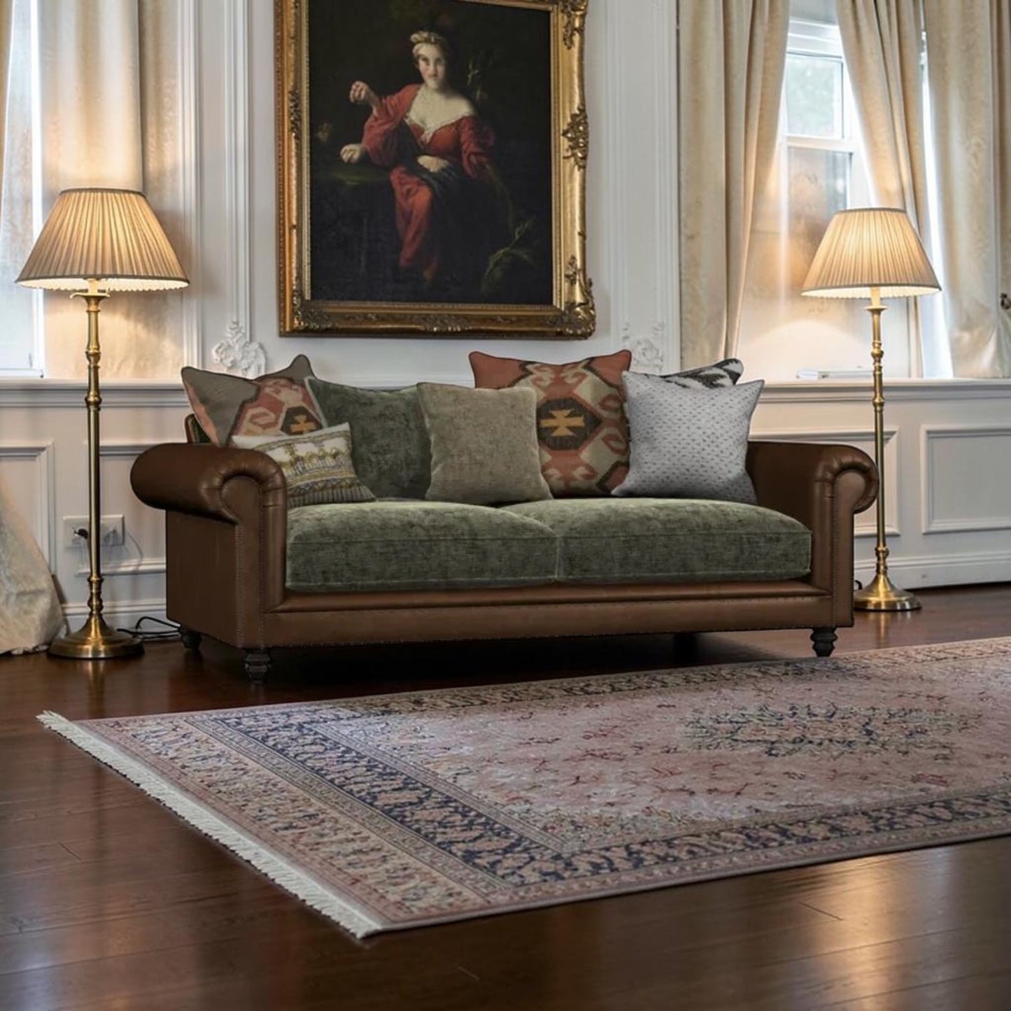 Tetrad Constable Midi Sofa in Galveston Bark leather and Coco Velvet Olive