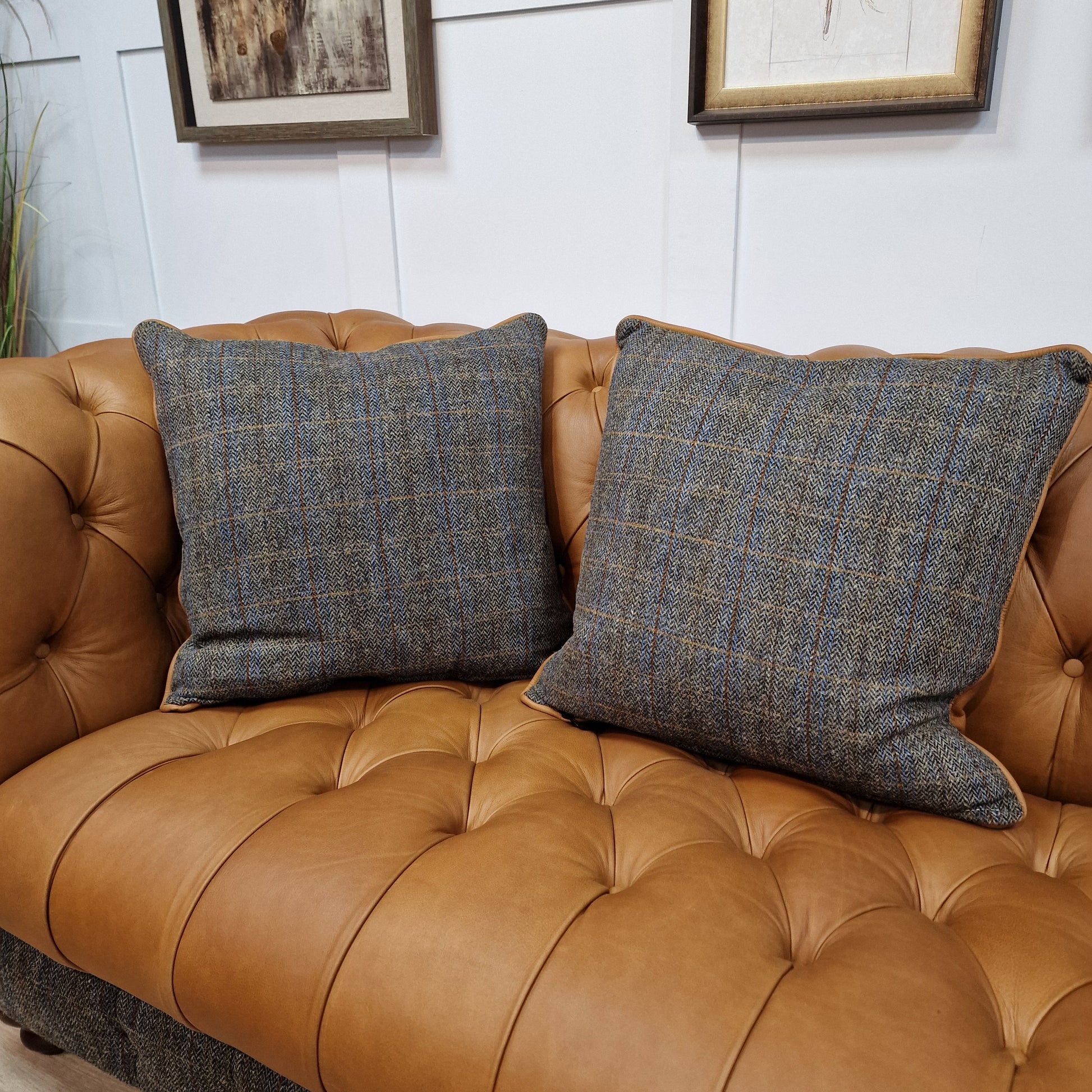 Harris Tweed & Leather Feather Filled Cushions - Multiple Sizes - Rydan Interiors