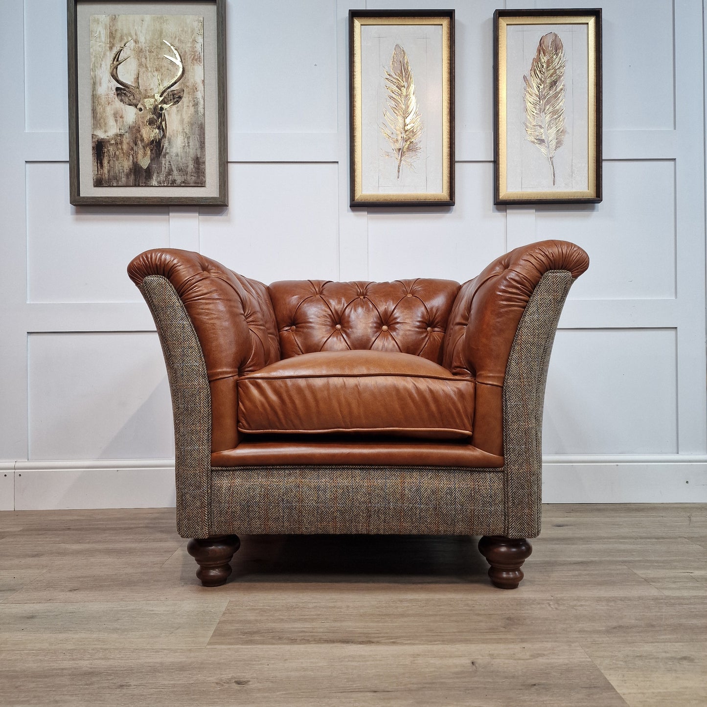 Beige Harris Tweed & Highland Whiskey Leather Armchair - Enfield