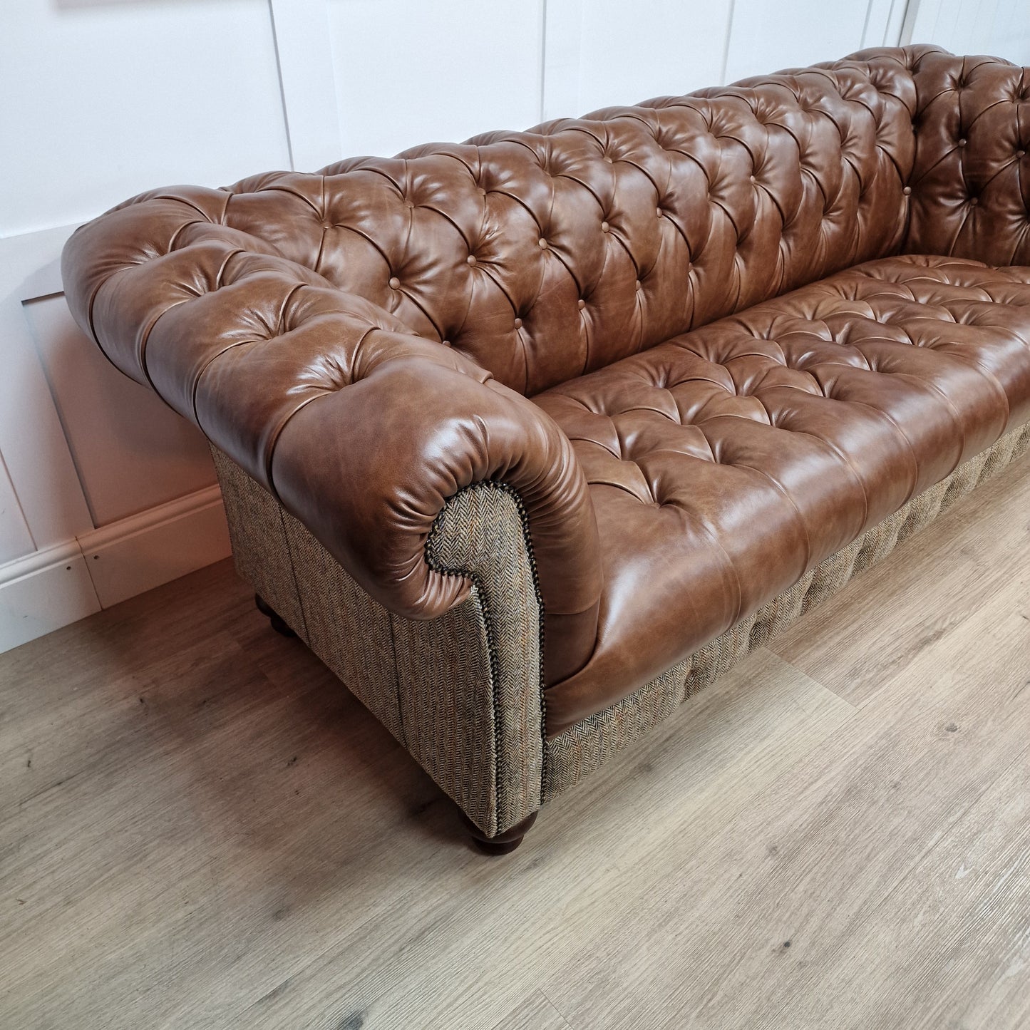 Buck 3 Seater Harris Tweed And Leather Sofa - Brown And Beige Herringbone - Rydan Interiors