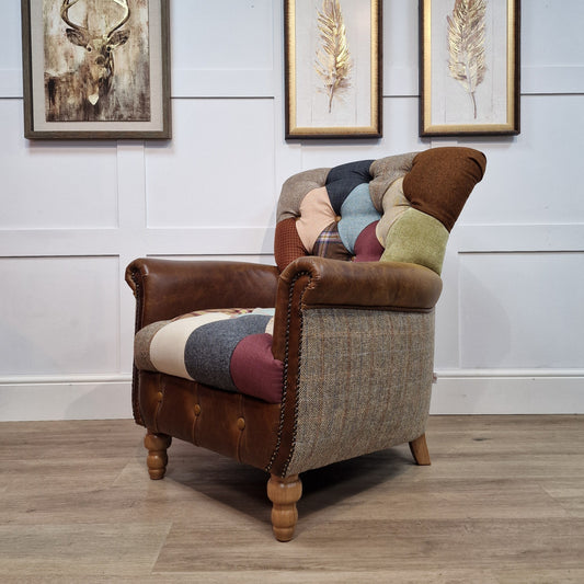 Patchwork Armchair With Leather and Harris Tweed  - Harlequin - Rydan Interiors