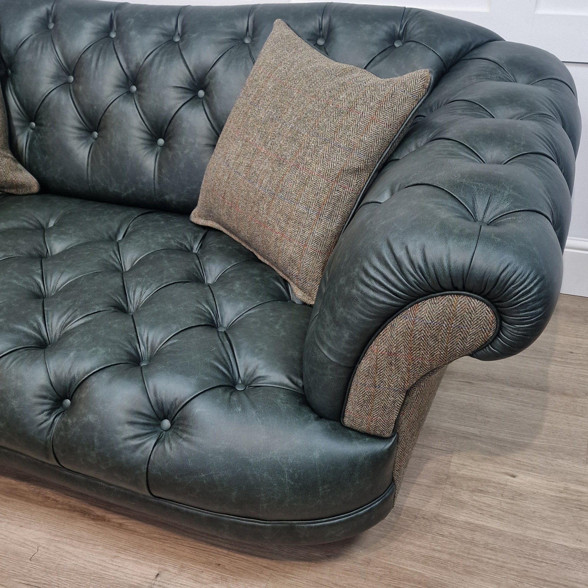 3 Seater Oskar Chesterfield | Heritage Green Leather & Green Mix Harris Tweed (Photography Model) - Rydan Interiors