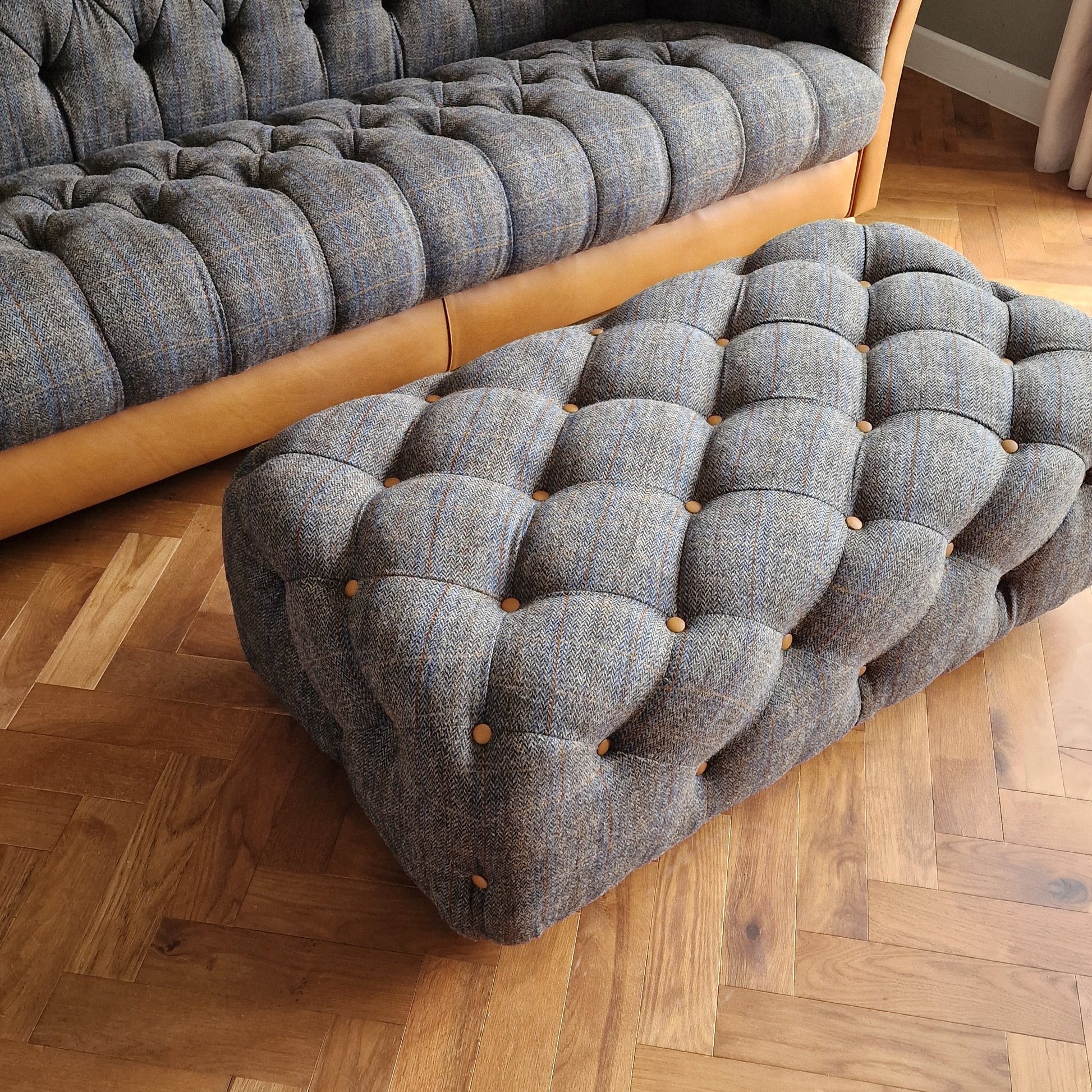 Medium Harris Tweed Footstool Grey and Blue Herringbone | Bernie - Rydan Interiors