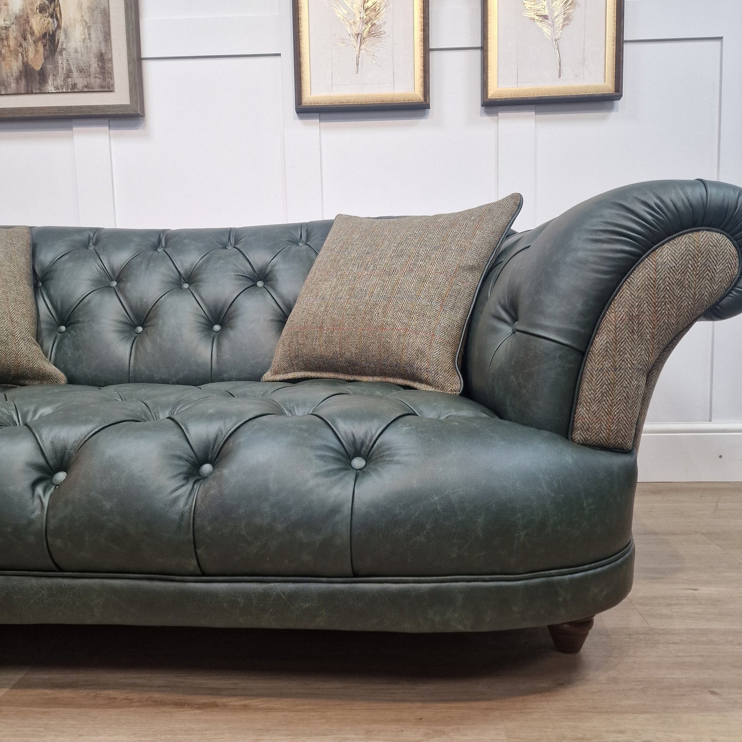 3 Seater Oskar Chesterfield | Heritage Green Leather & Green Mix Harris Tweed (Photography Model) - Rydan Interiors