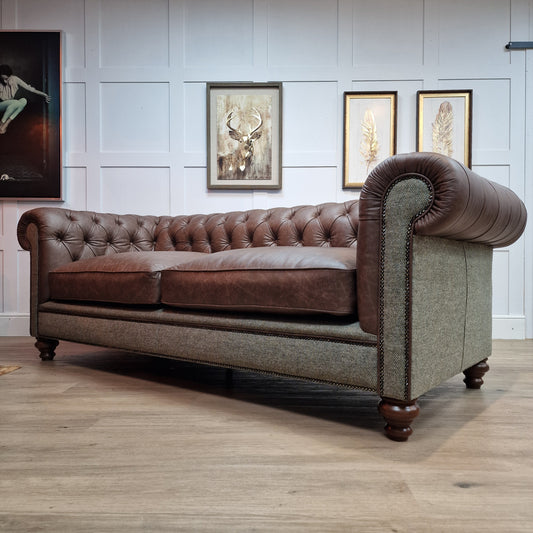 Harris Tweed And Brown Scratch Resistant Leather Sofa - Paisley - Rydan Interiors