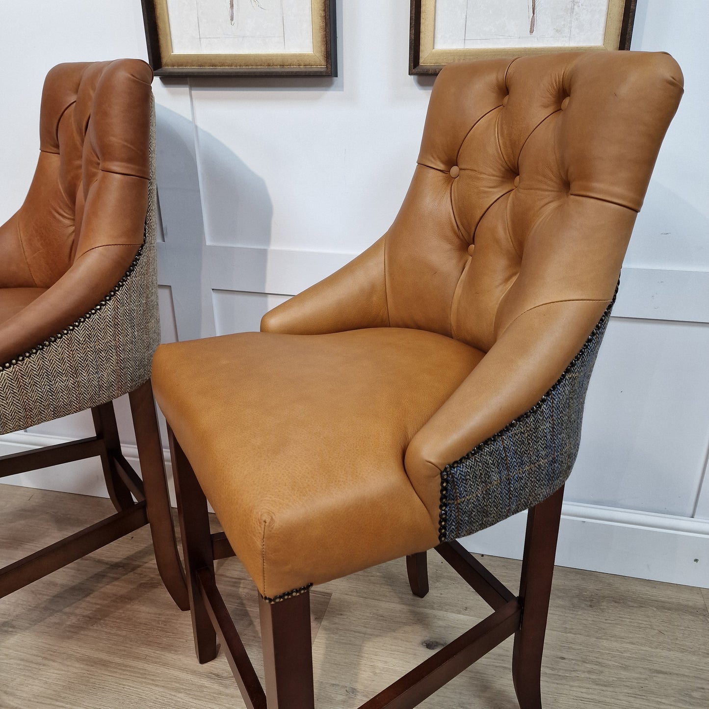 Eddy Grey And Blue Herringbone Harris Tweed and Malfi Tan Leather Barstool - Rydan Interiors