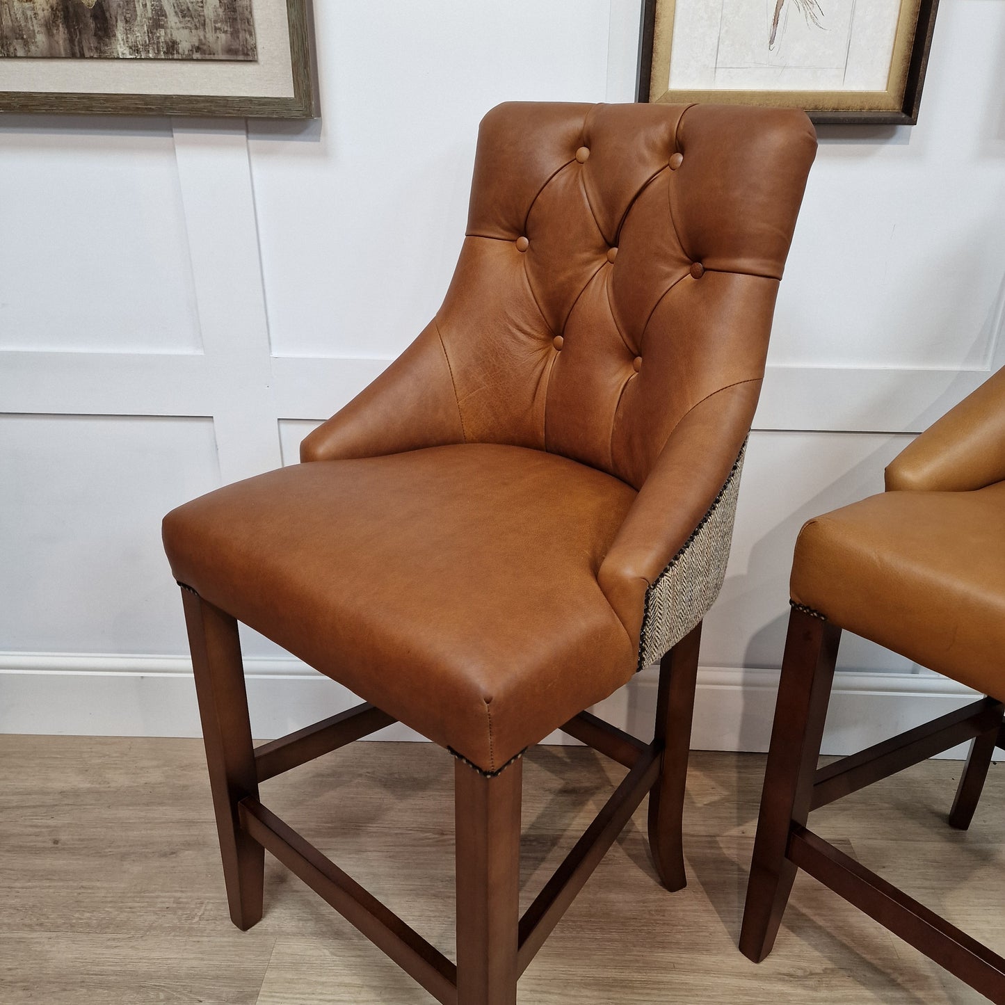 Eddy Brown And Beige Herringbone Harris Tweed and Brandi Leather Barstool - Rydan Interiors