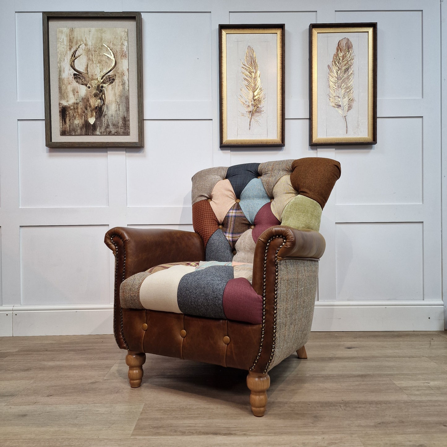 Patchwork Armchair With Leather and Harris Tweed  - Harlequin - Rydan Interiors