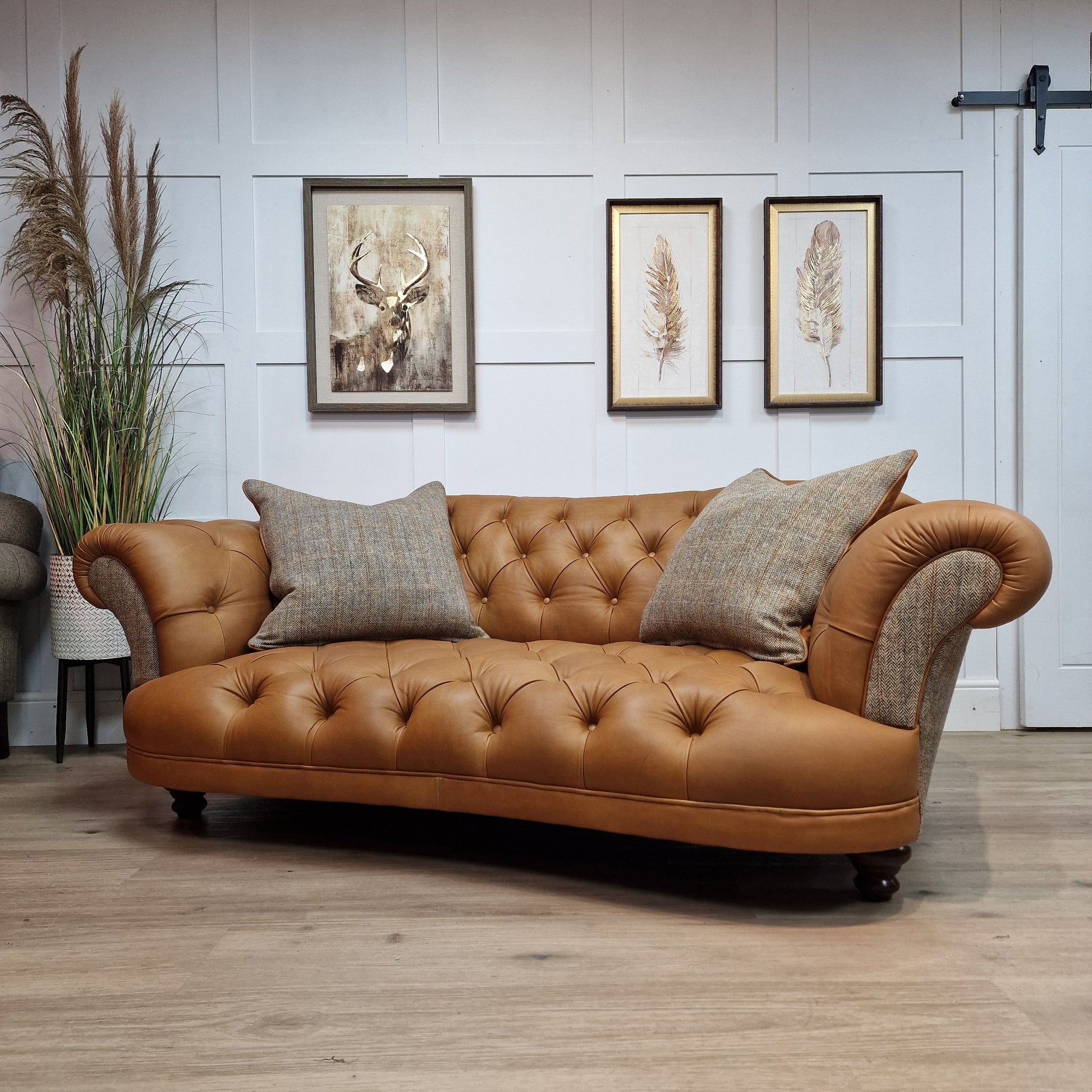 Beige Harris Tweed and Tan Leather Oskar Chesterfield - Rydan Interiors