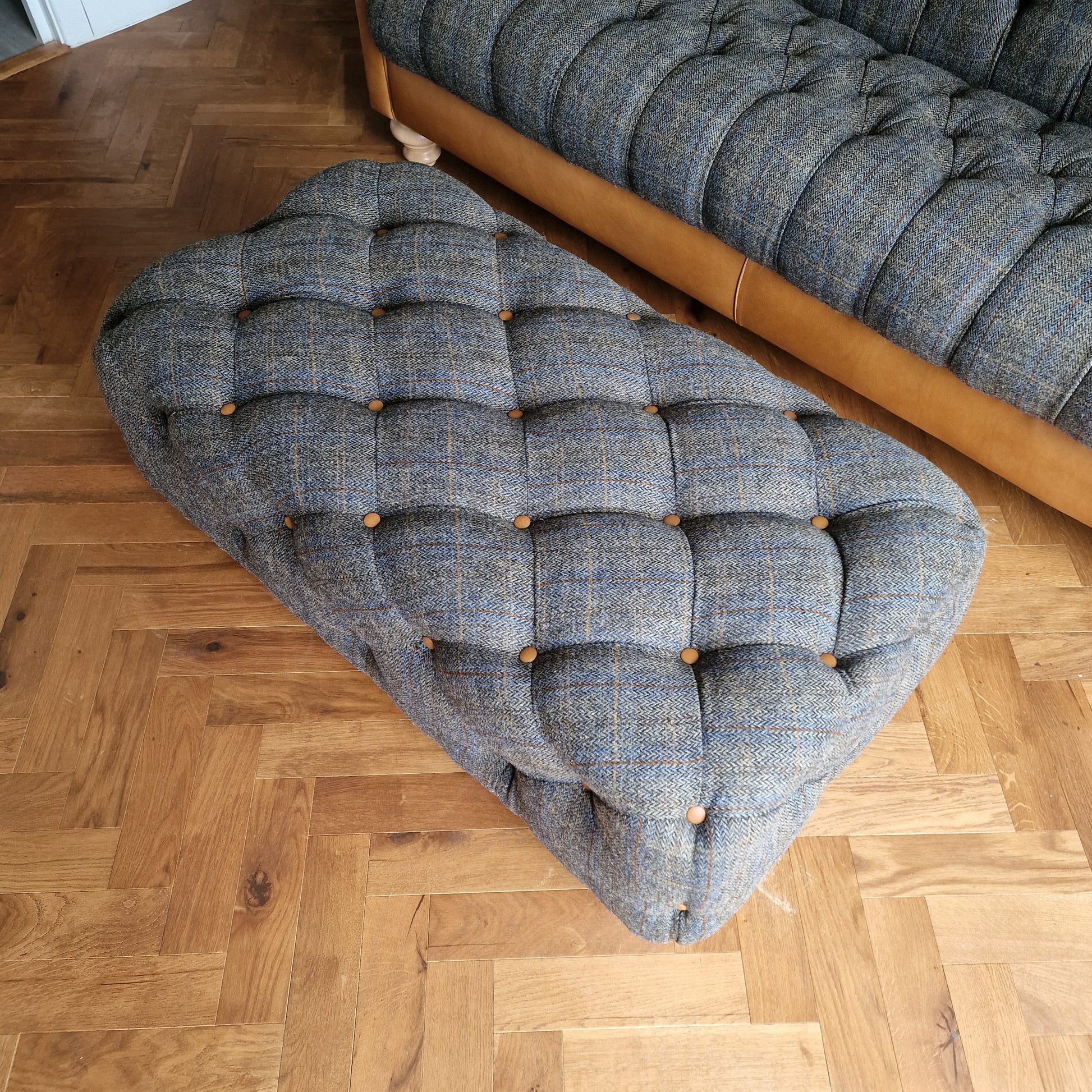 Medium Harris Tweed Footstool Grey and Blue Herringbone | Bernie - Rydan Interiors