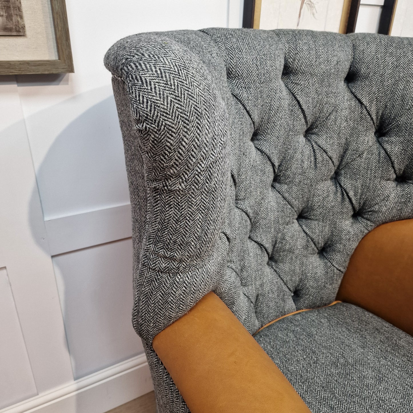 Grey Harris Tweed & Tan Leather Wingback Armchair - Torridon