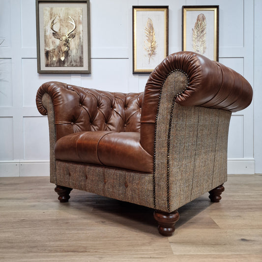 Buck Harris Tweed And Leather Armchair - Brown And Beige Herringbone - Rydan Interiors