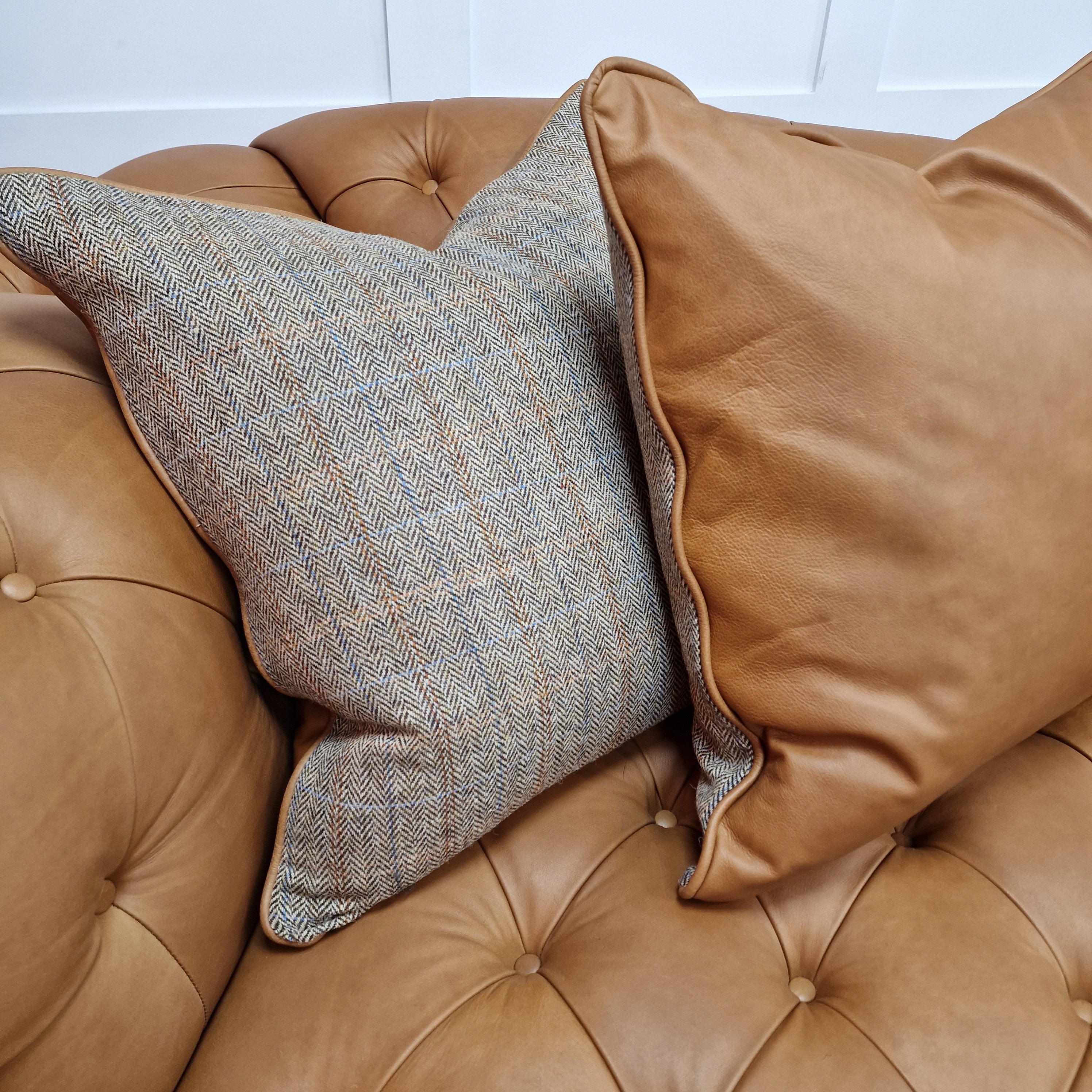 Harris Tweed Leather Feather Filled Cushions Multiple Sizes Rydan Interiors