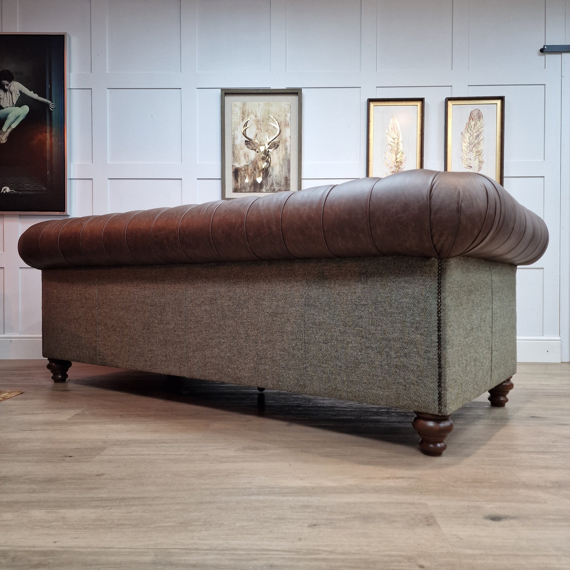 Harris Tweed And Brown Scratch Resistant Leather Sofa - Paisley - Rydan Interiors