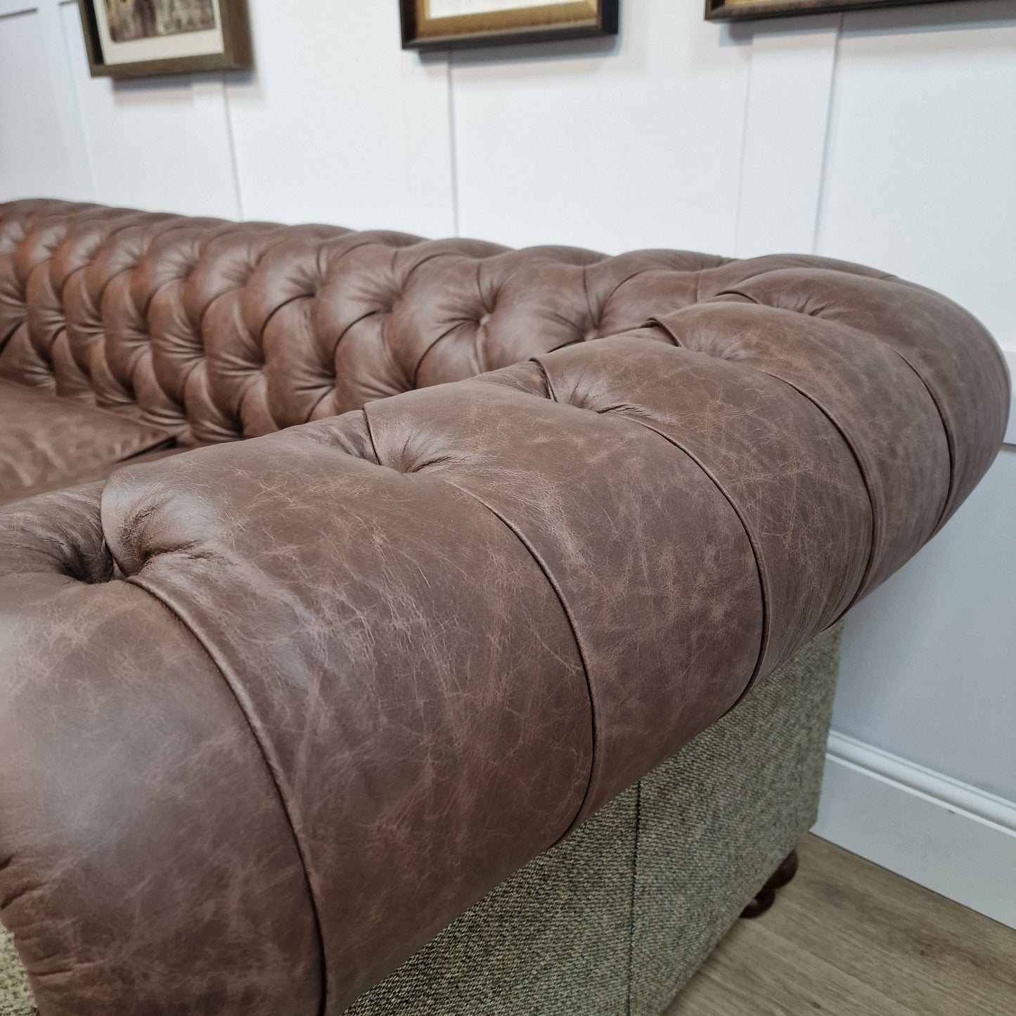 Harris Tweed And Brown Scratch Resistant Leather Sofa - Paisley - Rydan Interiors