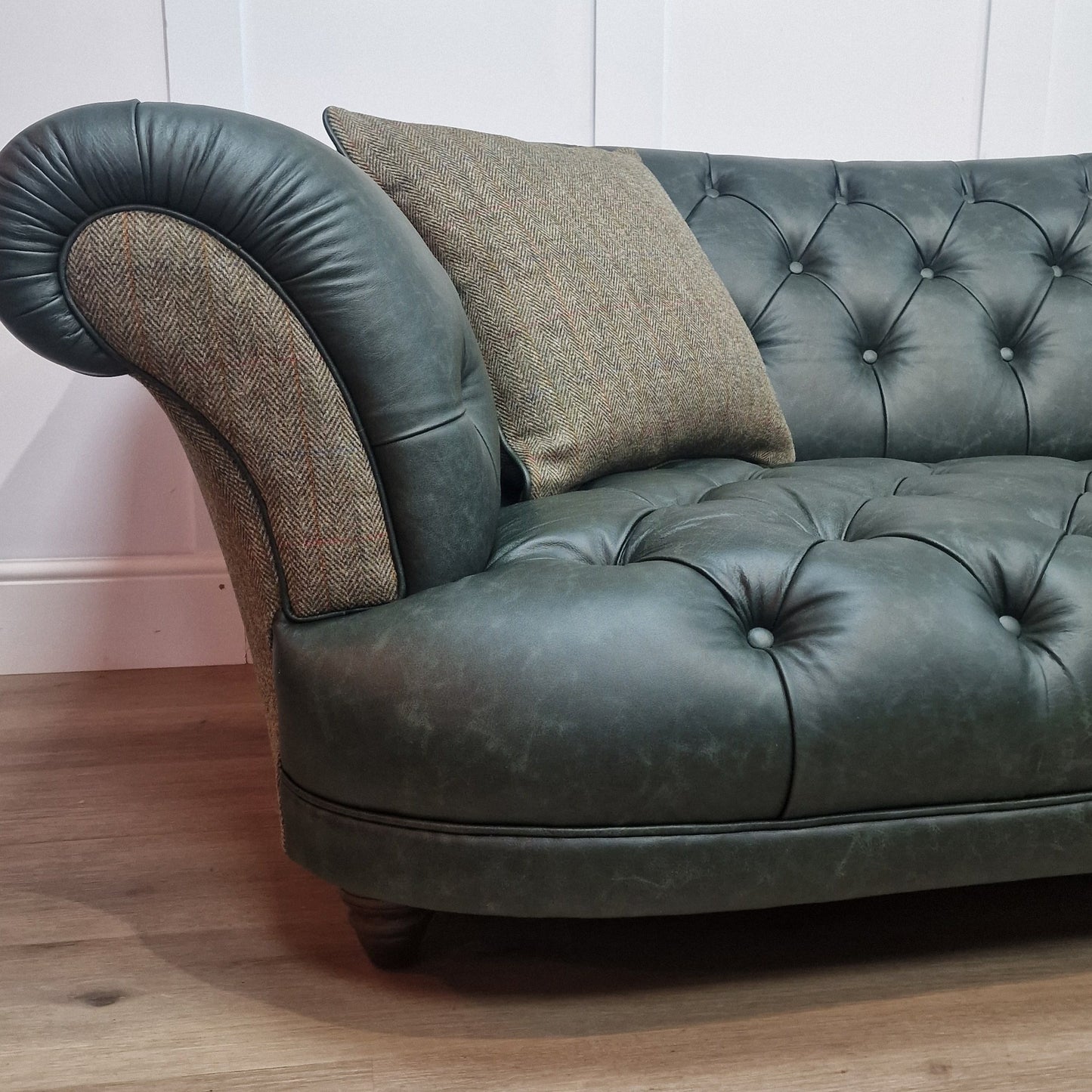 3 Seater Oskar Chesterfield | Heritage Green Leather & Green Mix Harris Tweed (Photography Model) - Rydan Interiors