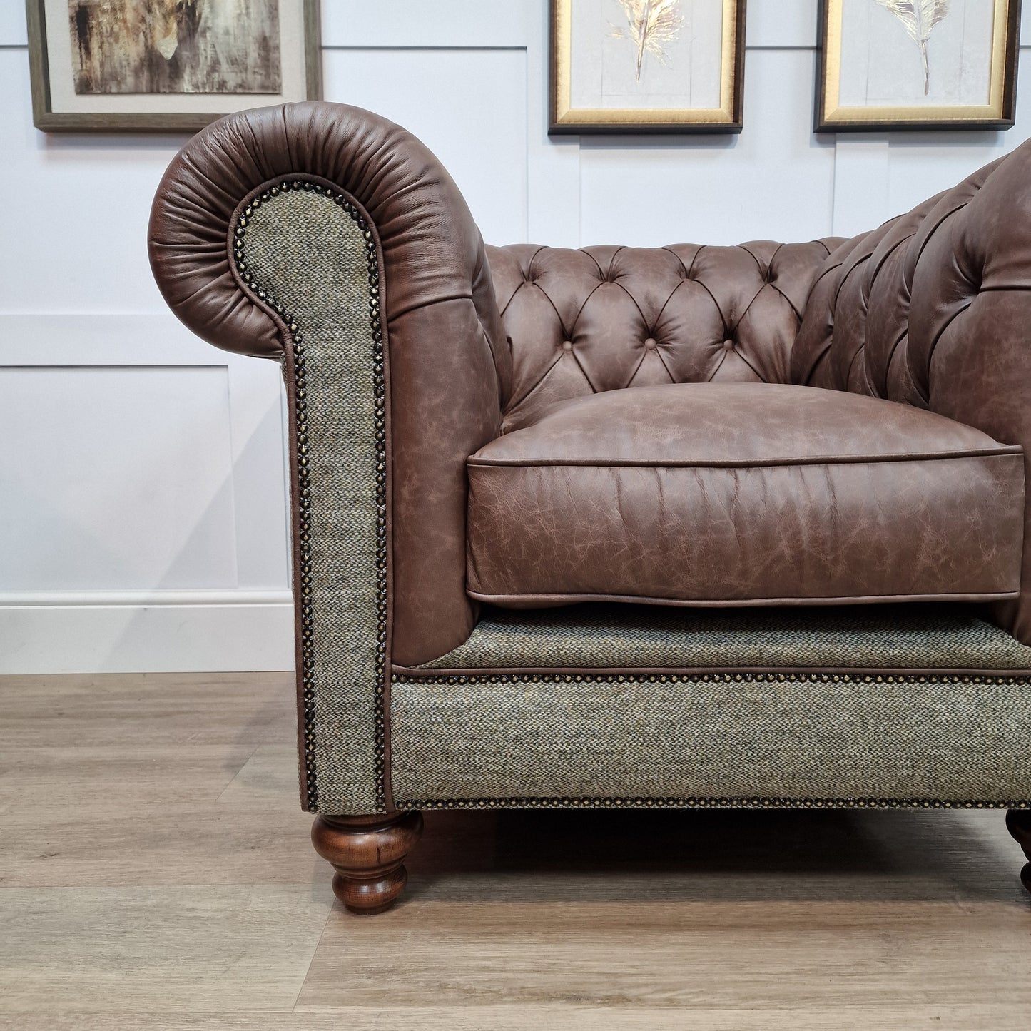 Harris Tweed And Brown Scratch Resistant Leather Sofa - Paisley - Rydan Interiors