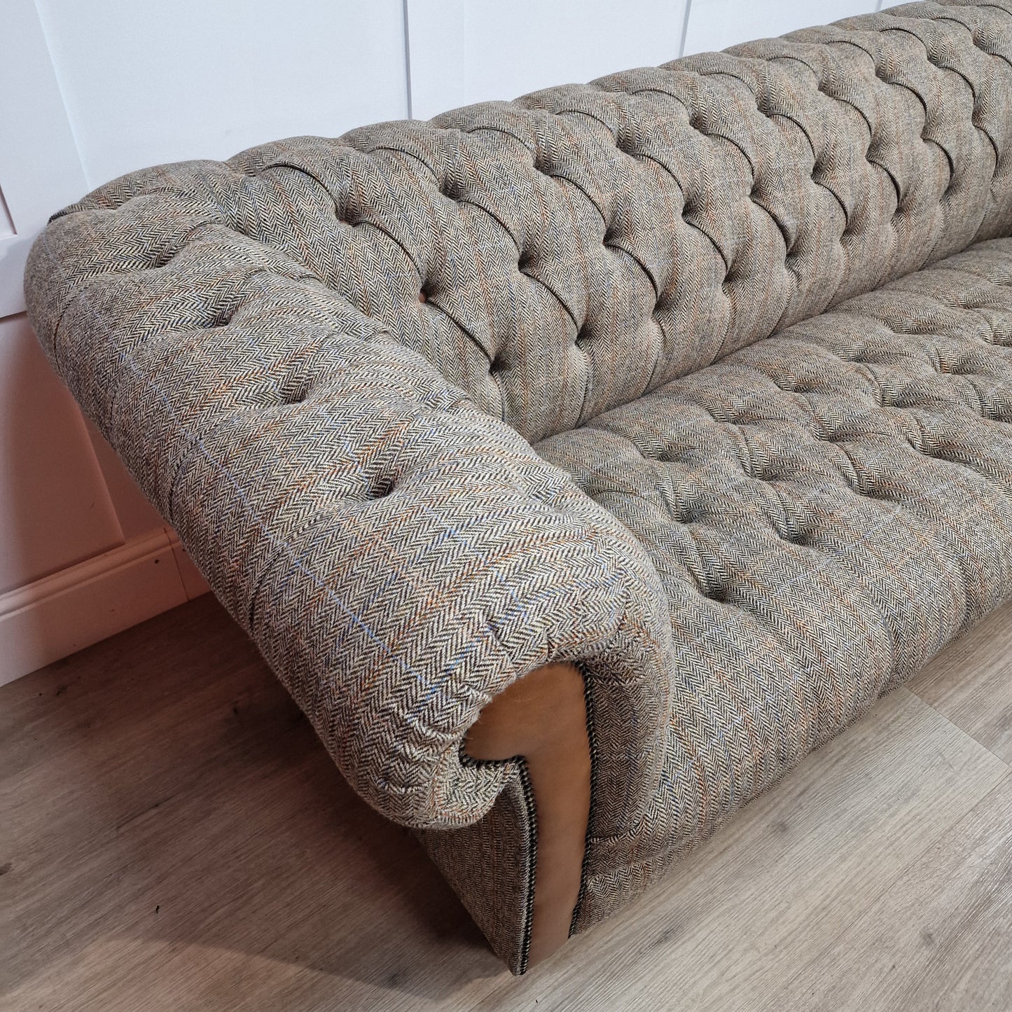 Beige And Brown Harris Tweed And Tan Leather Chesterfield | Stornoway - Rydan Interiors