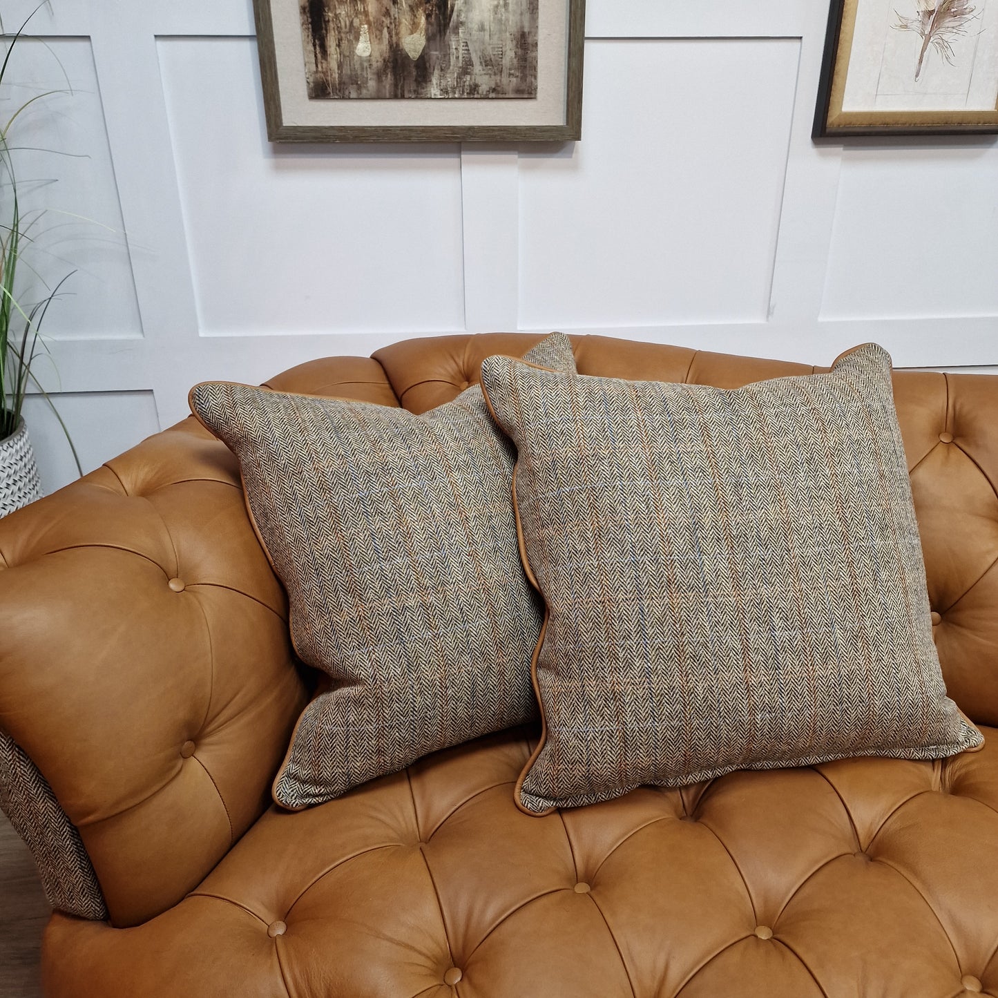 Beige Harris Tweed and Tan Leather Oskar Chesterfield - Rydan Interiors