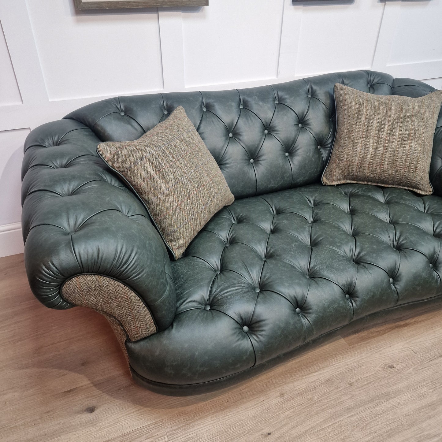 3 Seater Oskar Chesterfield | Heritage Green Leather & Green Mix Harris Tweed (Photography Model) - Rydan Interiors