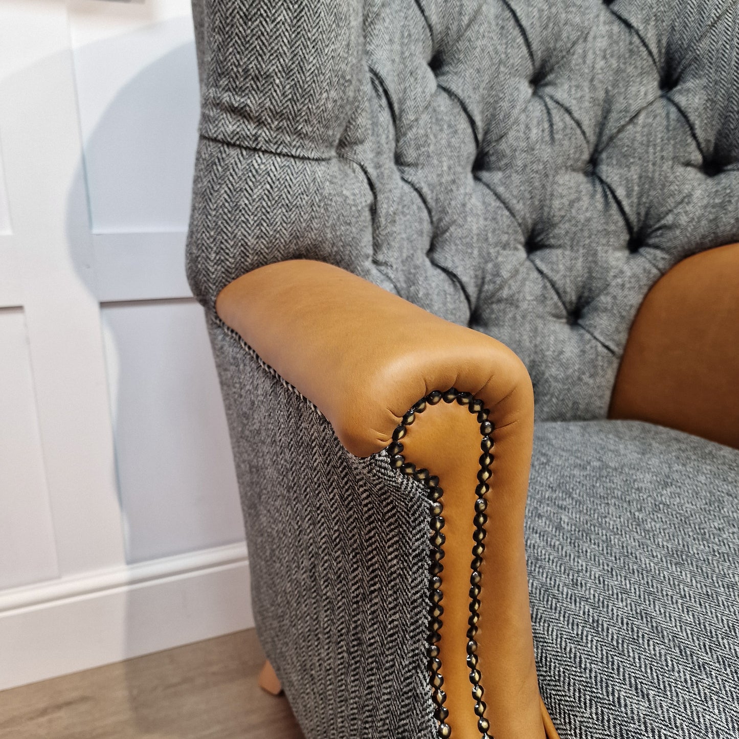 Grey Harris Tweed & Tan Leather Wingback Armchair - Torridon