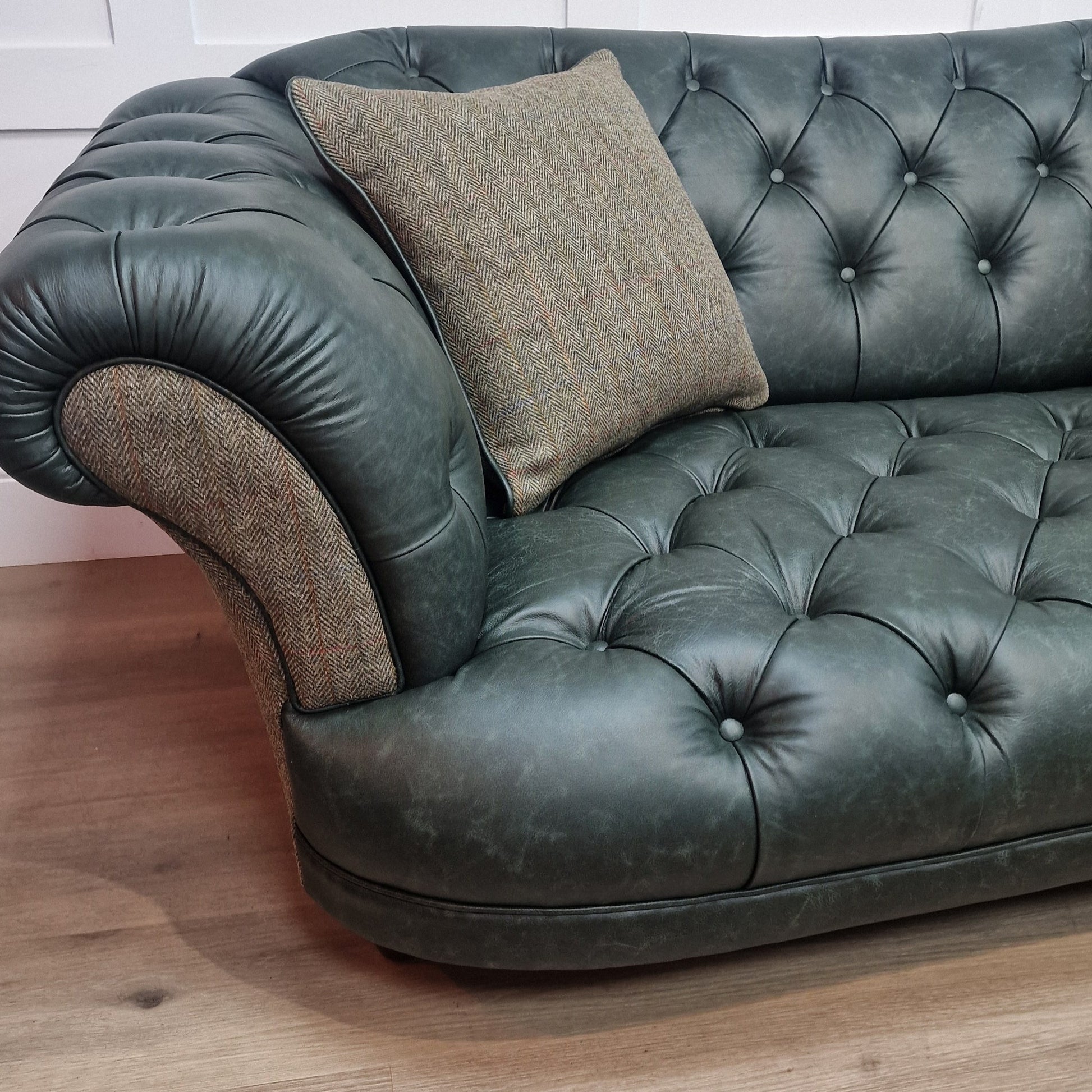 3 Seater Oskar Chesterfield | Heritage Green Leather & Green Mix Harris Tweed (Photography Model) - Rydan Interiors