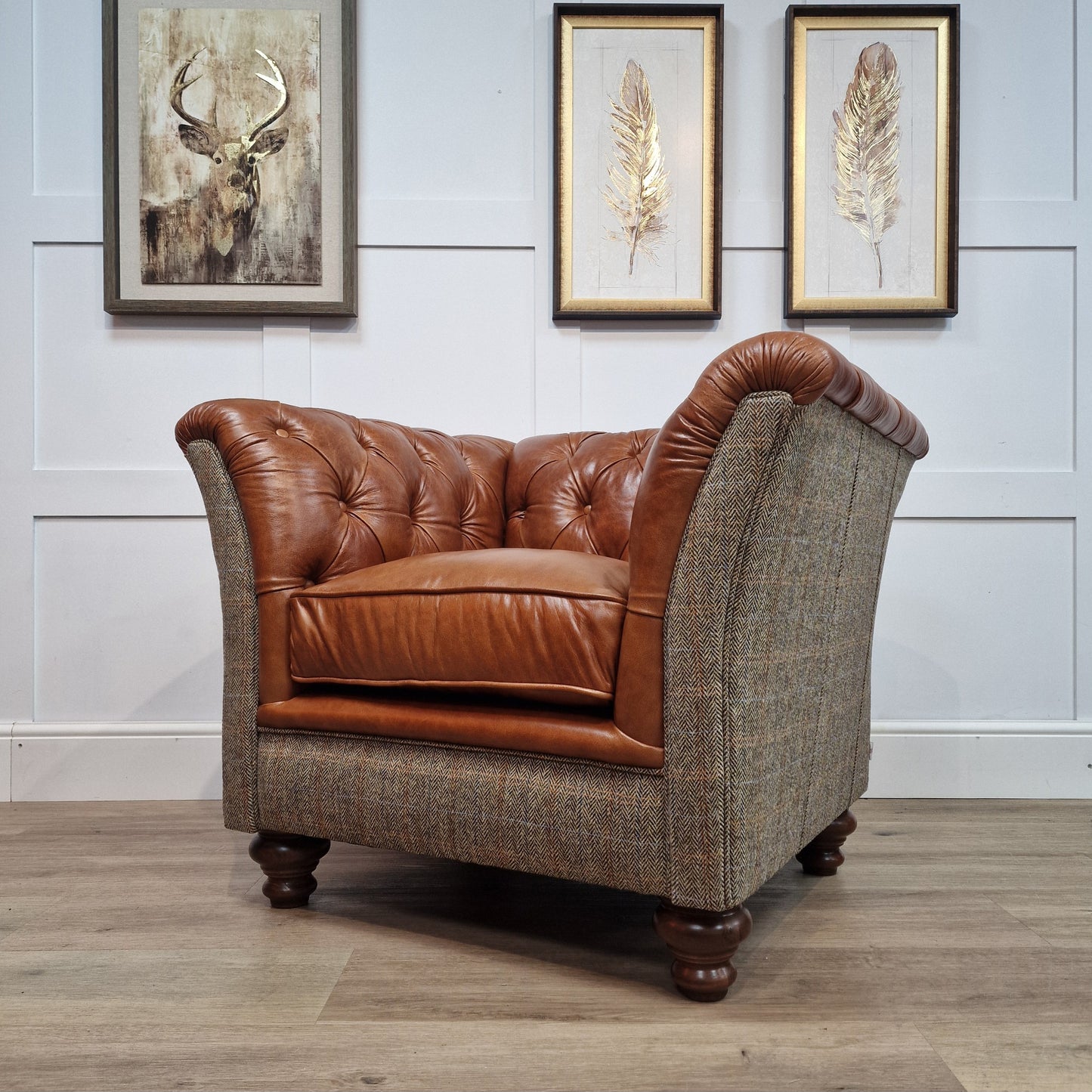 Beige Harris Tweed & Highland Whiskey Leather Armchair - Enfield