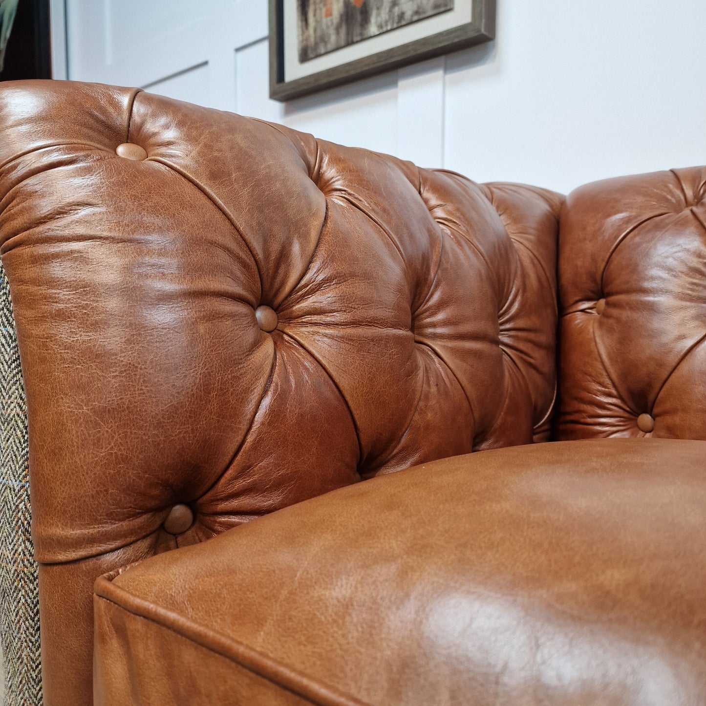 Beige Harris Tweed & Highland Whiskey Leather Armchair - Enfield