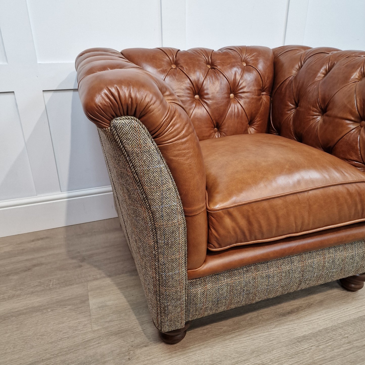 Beige Harris Tweed & Highland Whiskey Leather Armchair - Enfield