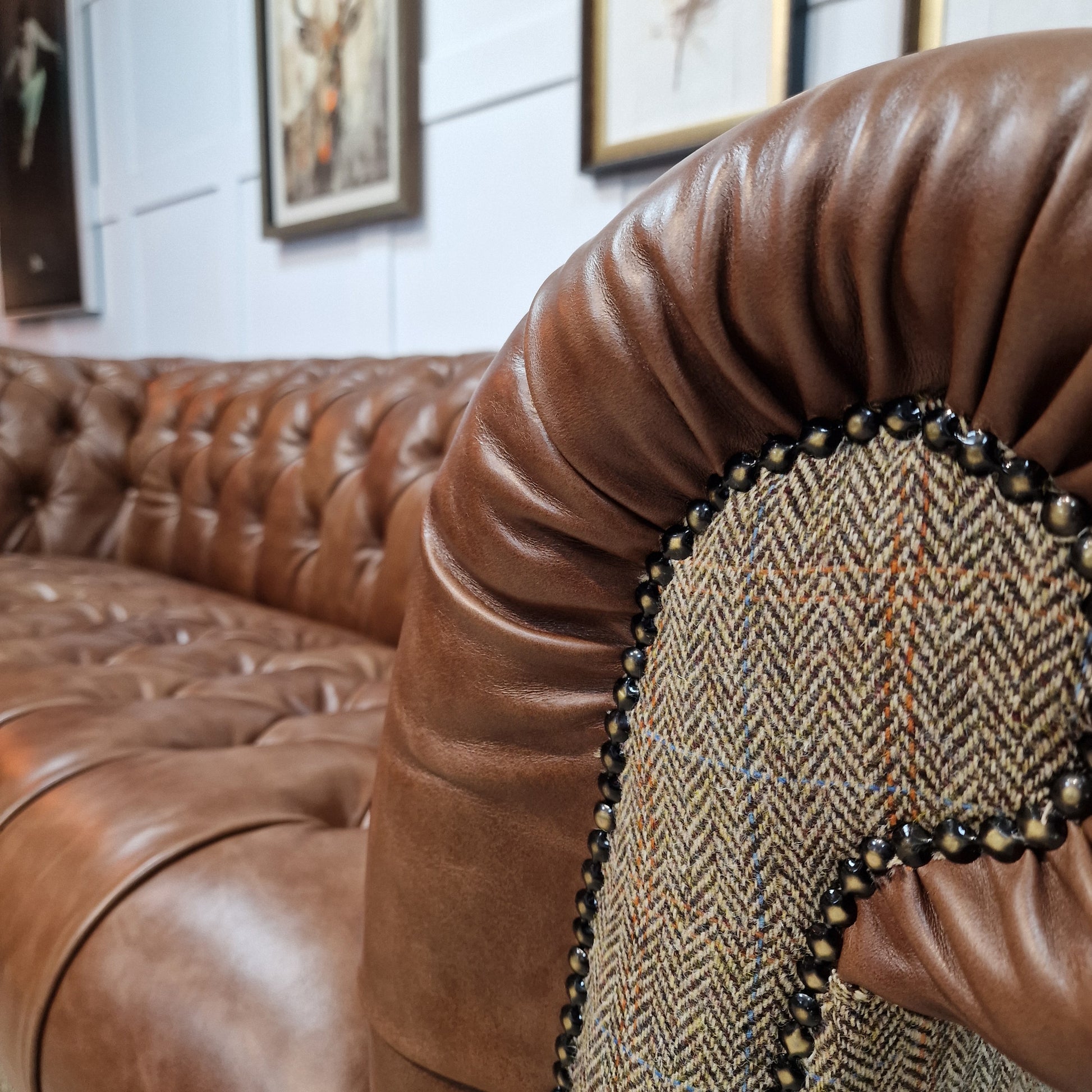 Buck 3 Seater Harris Tweed And Leather Sofa - Brown And Beige Herringbone - Rydan Interiors