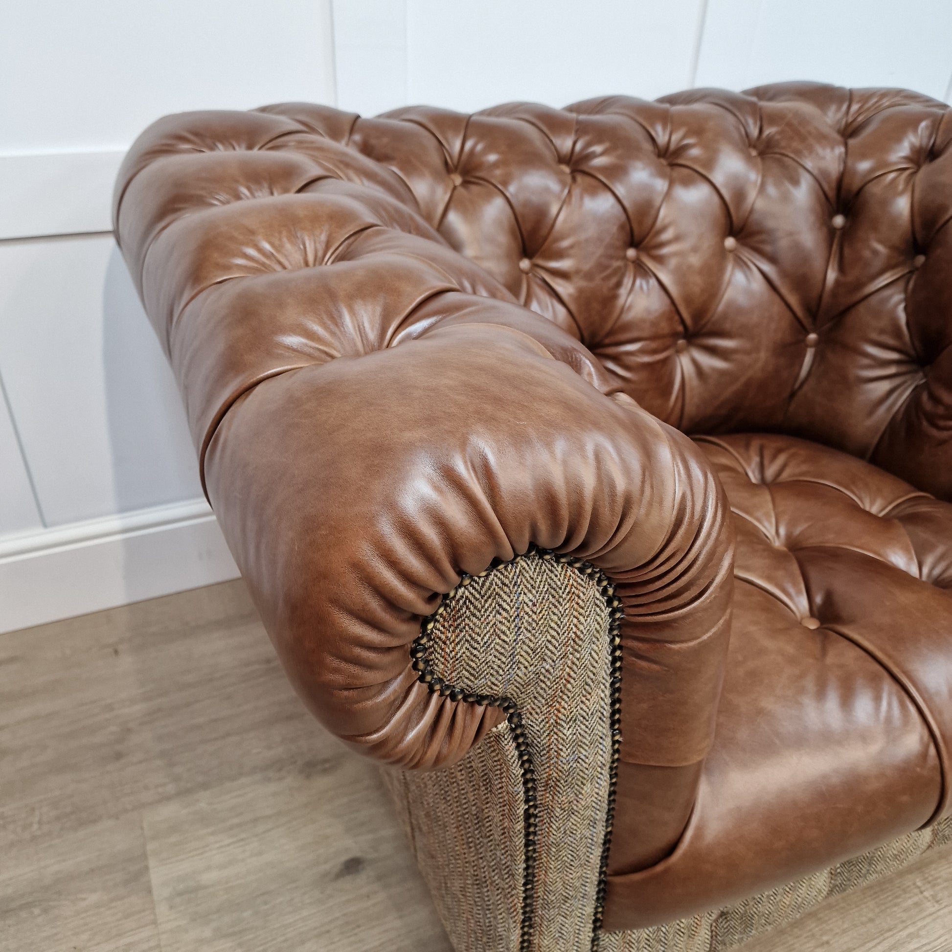 Buck Harris Tweed And Leather Armchair - Brown And Beige Herringbone - Rydan Interiors