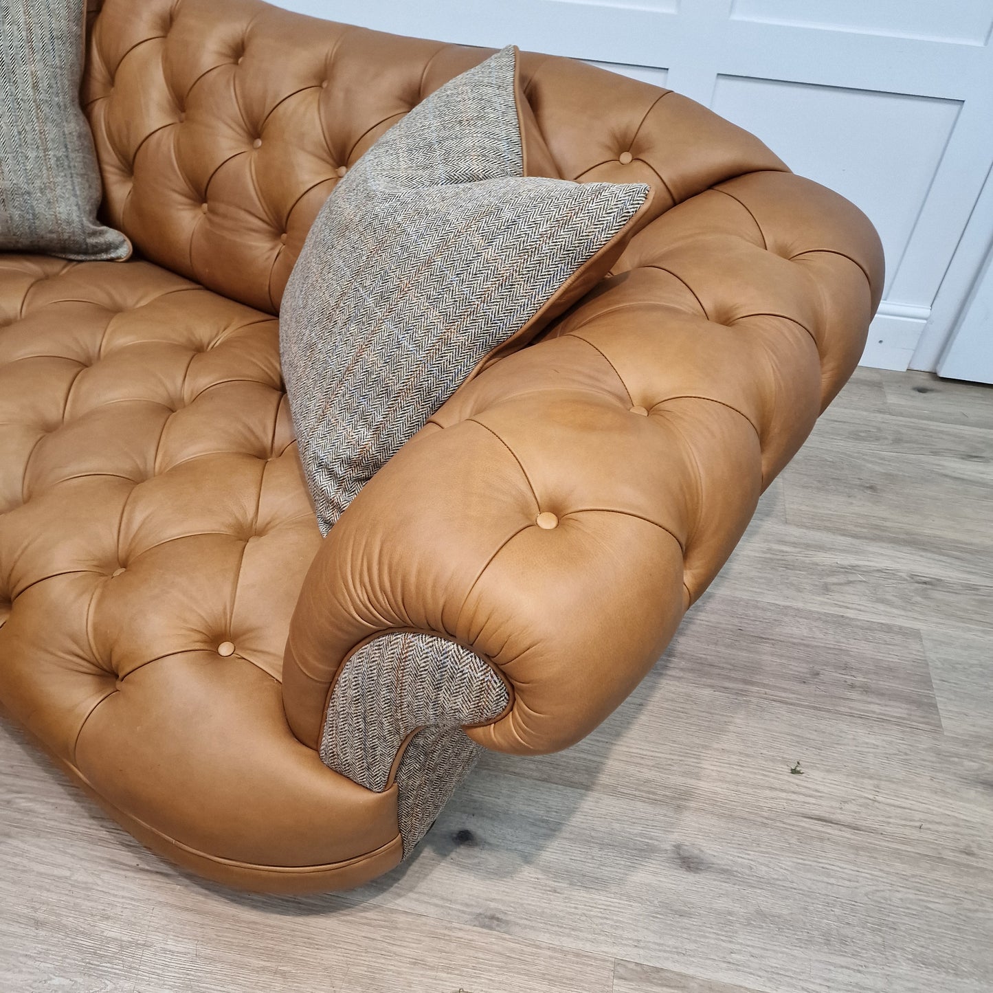 Beige Harris Tweed and Tan Leather Oskar Chesterfield - Rydan Interiors