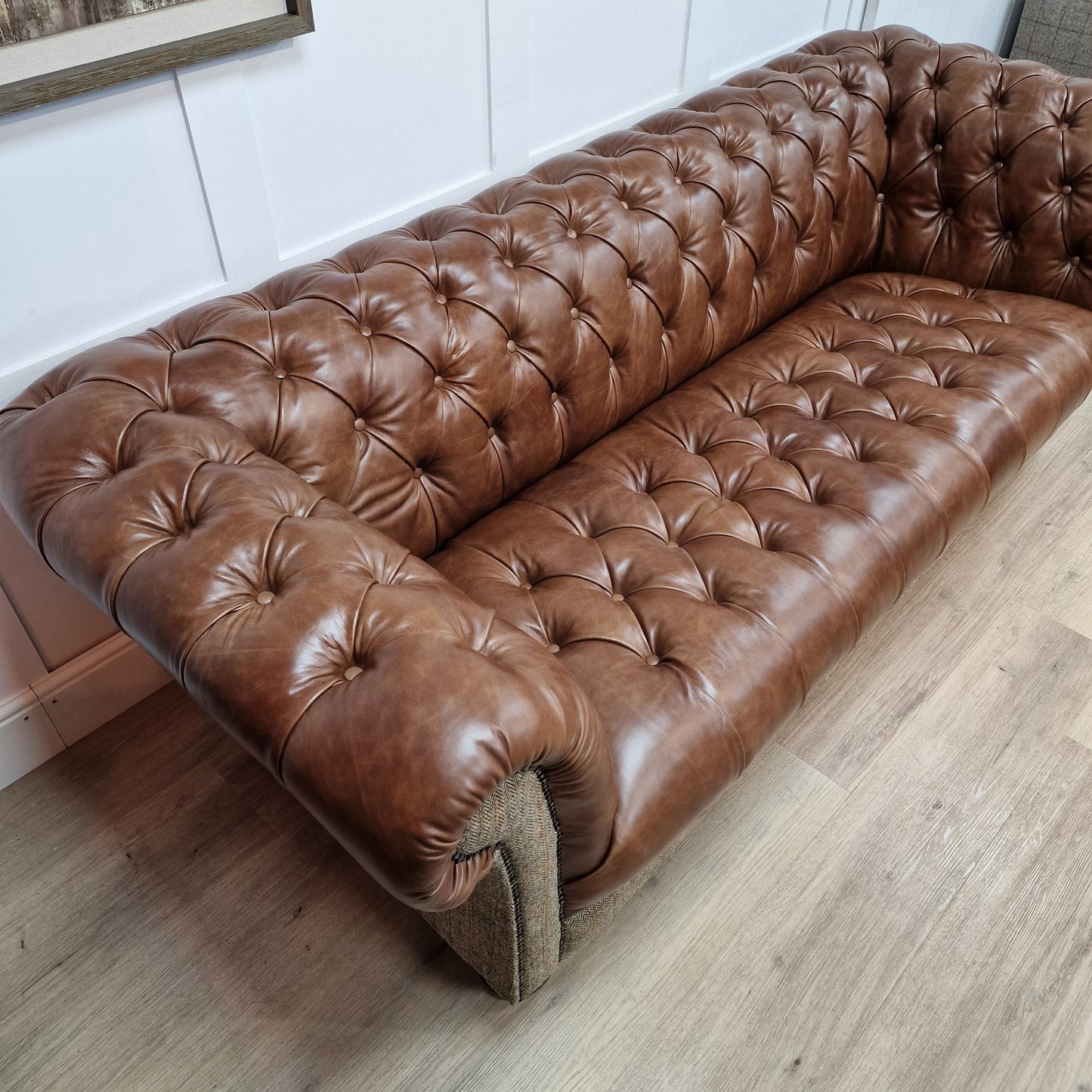 Buck 3 Seater Harris Tweed And Leather Sofa - Brown And Beige Herringbone - Rydan Interiors