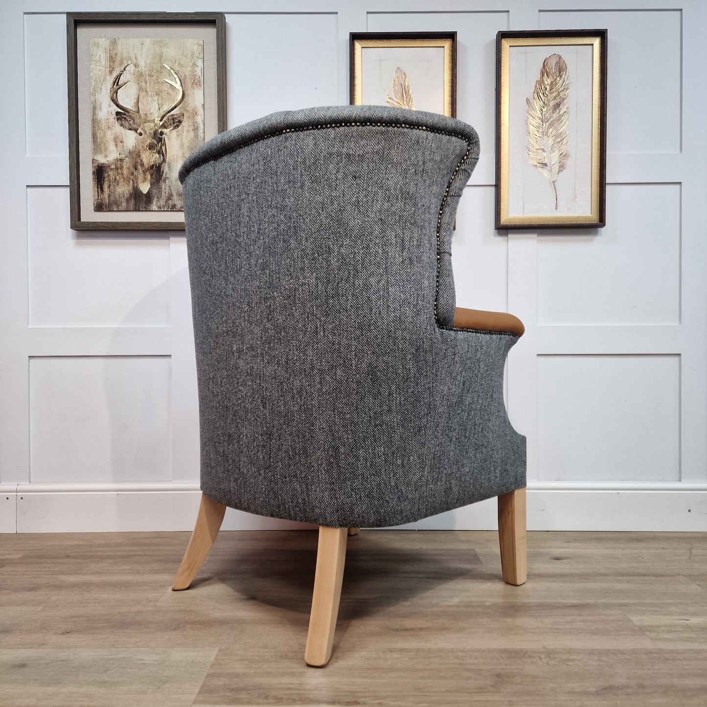 Grey Harris Tweed & Tan Leather Wingback Armchair - Torridon