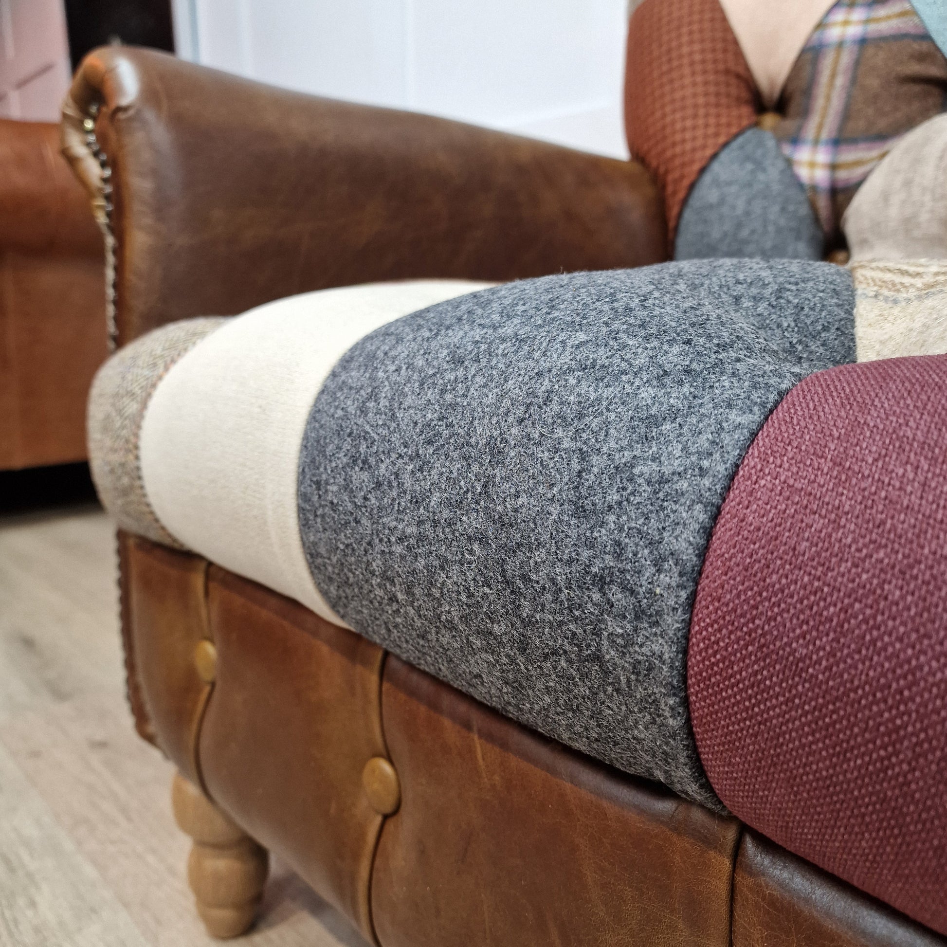 Patchwork Armchair With Leather and Harris Tweed  - Harlequin - Rydan Interiors