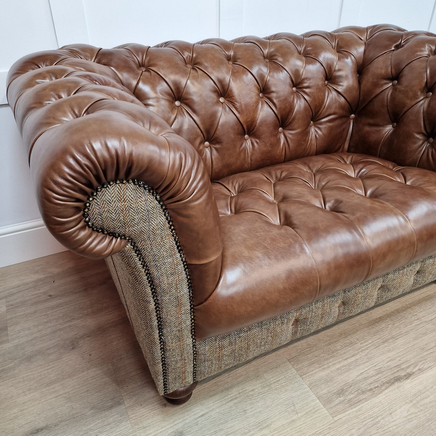 Buck Snuggler Chair Harris Tweed And Leather - Brown And Beige Herringbone - Rydan Interiors