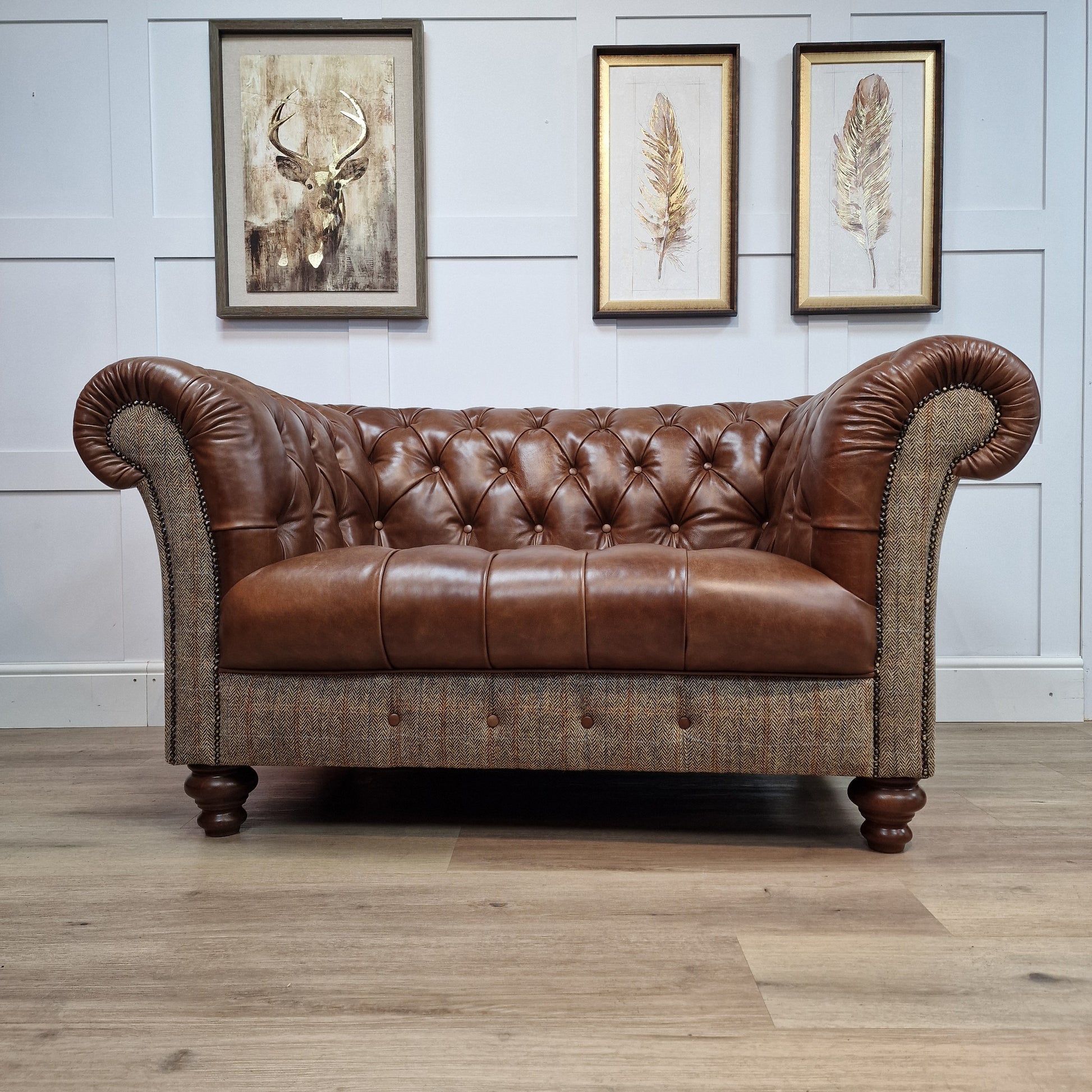 Buck Snuggler Chair Harris Tweed And Leather - Brown And Beige Herringbone - Rydan Interiors