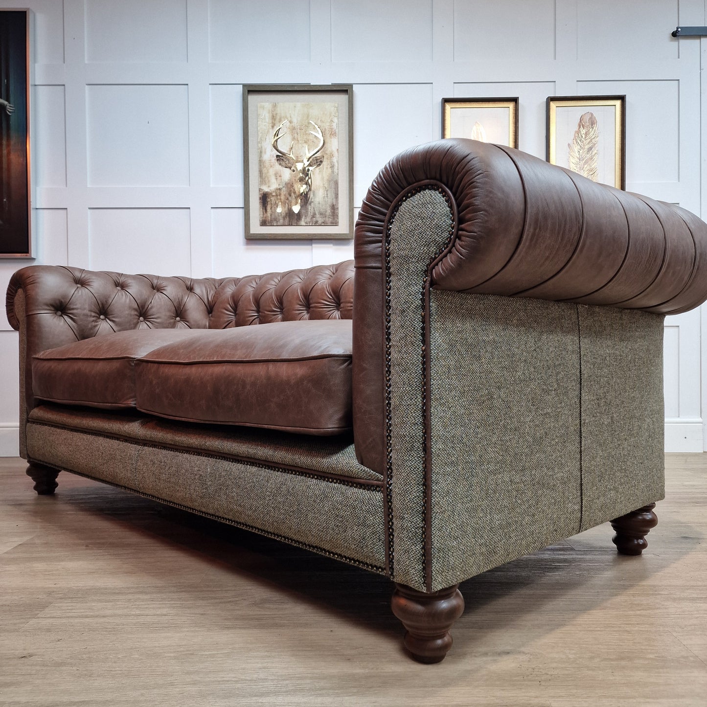 Harris Tweed And Brown Scratch Resistant Leather Sofa - Paisley - Rydan Interiors